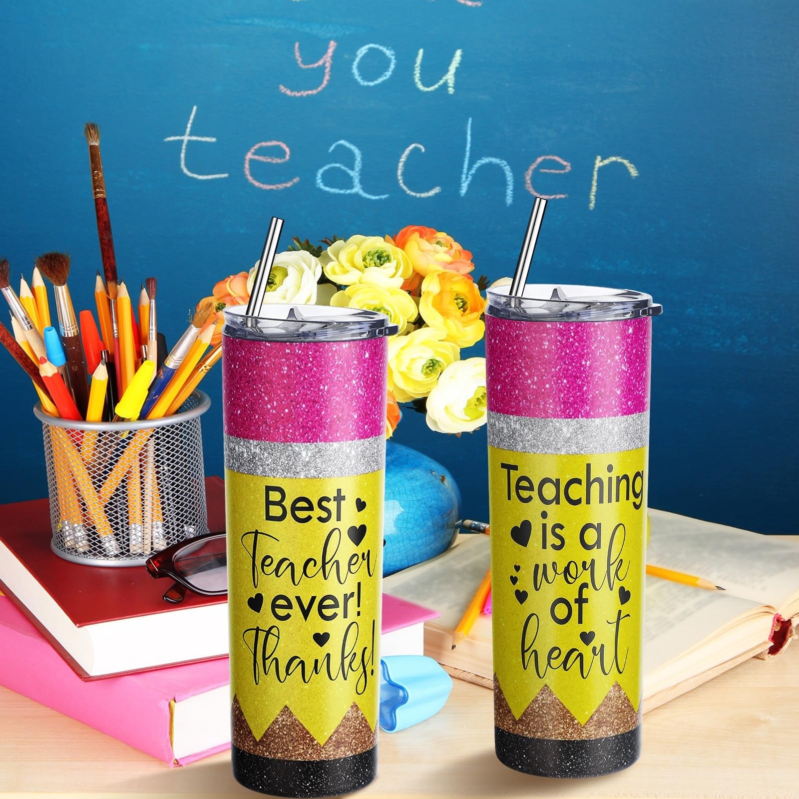 Sunnychicc 4-pack of 20oz teacher appreciation gifts, featuring colorful themed designs for end-of-year recognition.