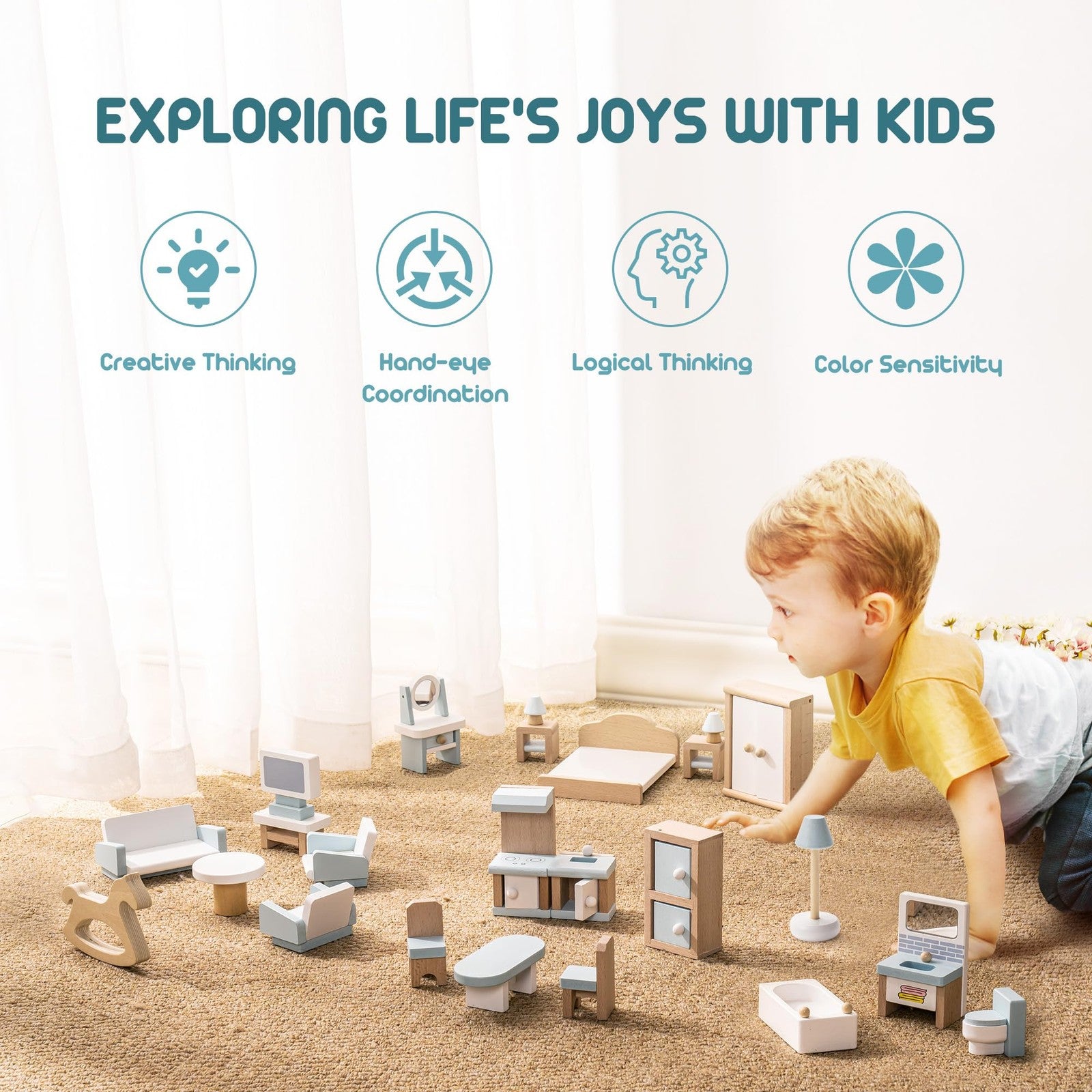 Robotime dollhouse furniture set with 23 wooden mini pieces in 1:12 scale, including chairs, tables, and accessories for detailed dollhouse decor.
