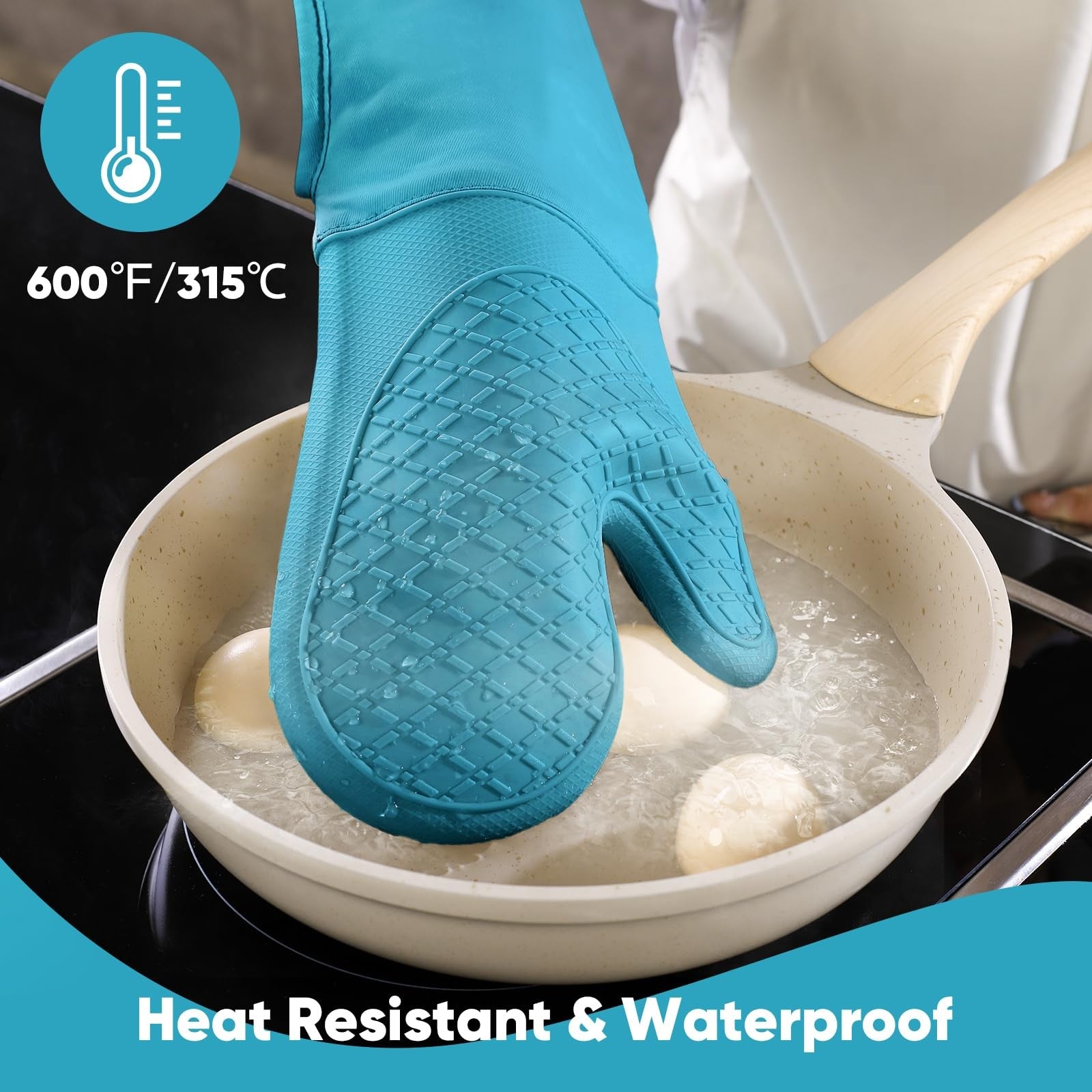 HULOSAN silicone oven mitts and pot holder set with 100% cotton dish towels for kitchen protection and heat resistance