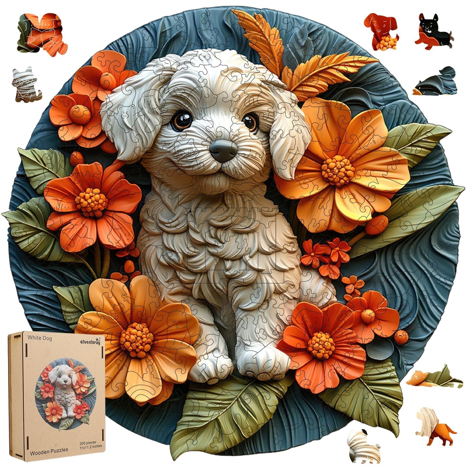 Qiuenisray Valentine's Day wooden puzzle for adults featuring a white dog, 500-piece jigsaw puzzle on a wooden table.