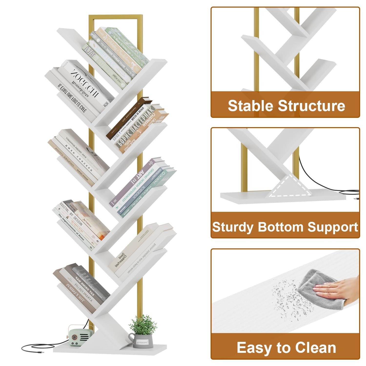 Qupui Tree Book Shelf with LED lights, 9-tier floor-standing bookcase featuring a classical design and multiple open shelves.