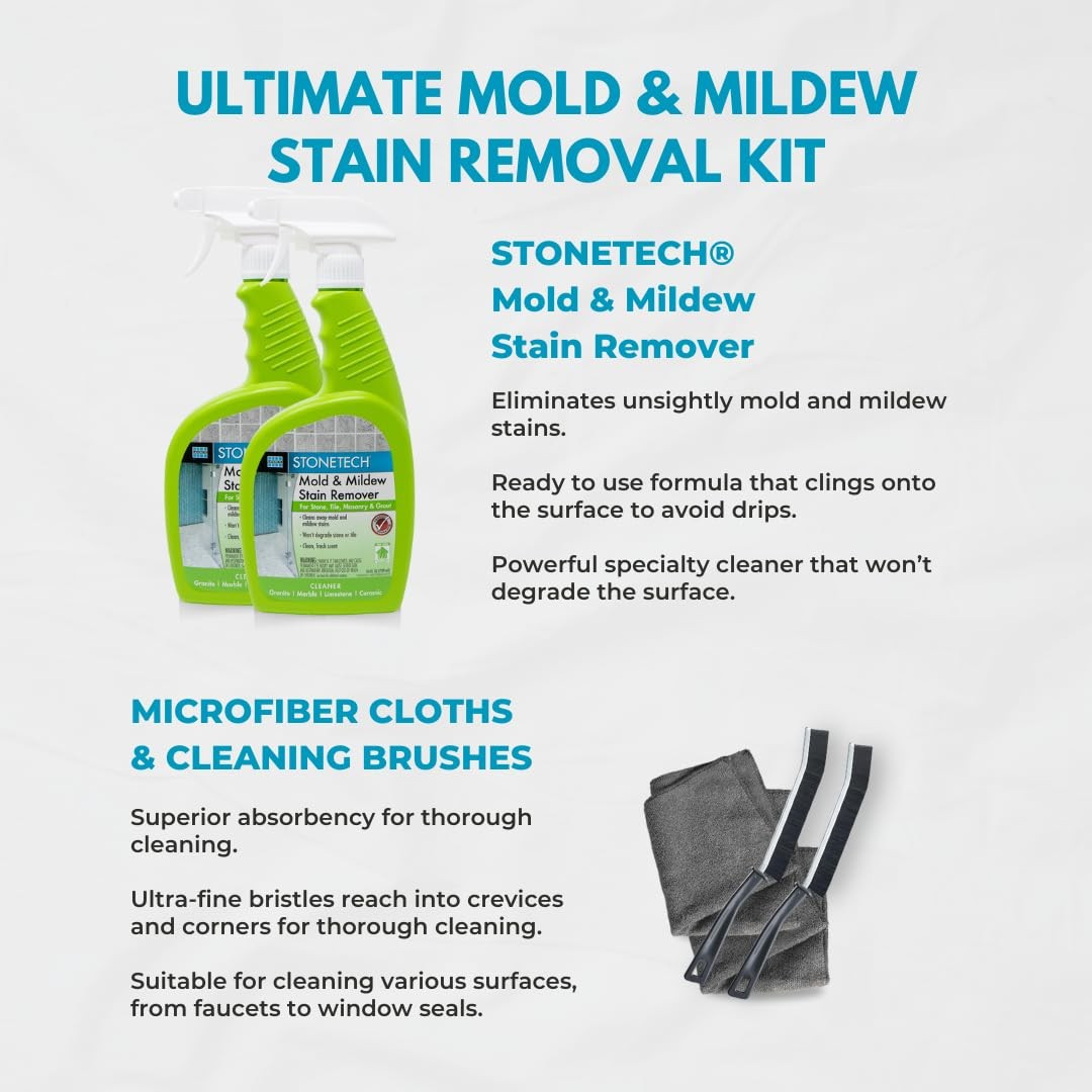 Laticrete StoneTech Mold and Mildew Stain Remover Cleaning Kit for kitchen, patio, and shower surfaces with applicator tools.