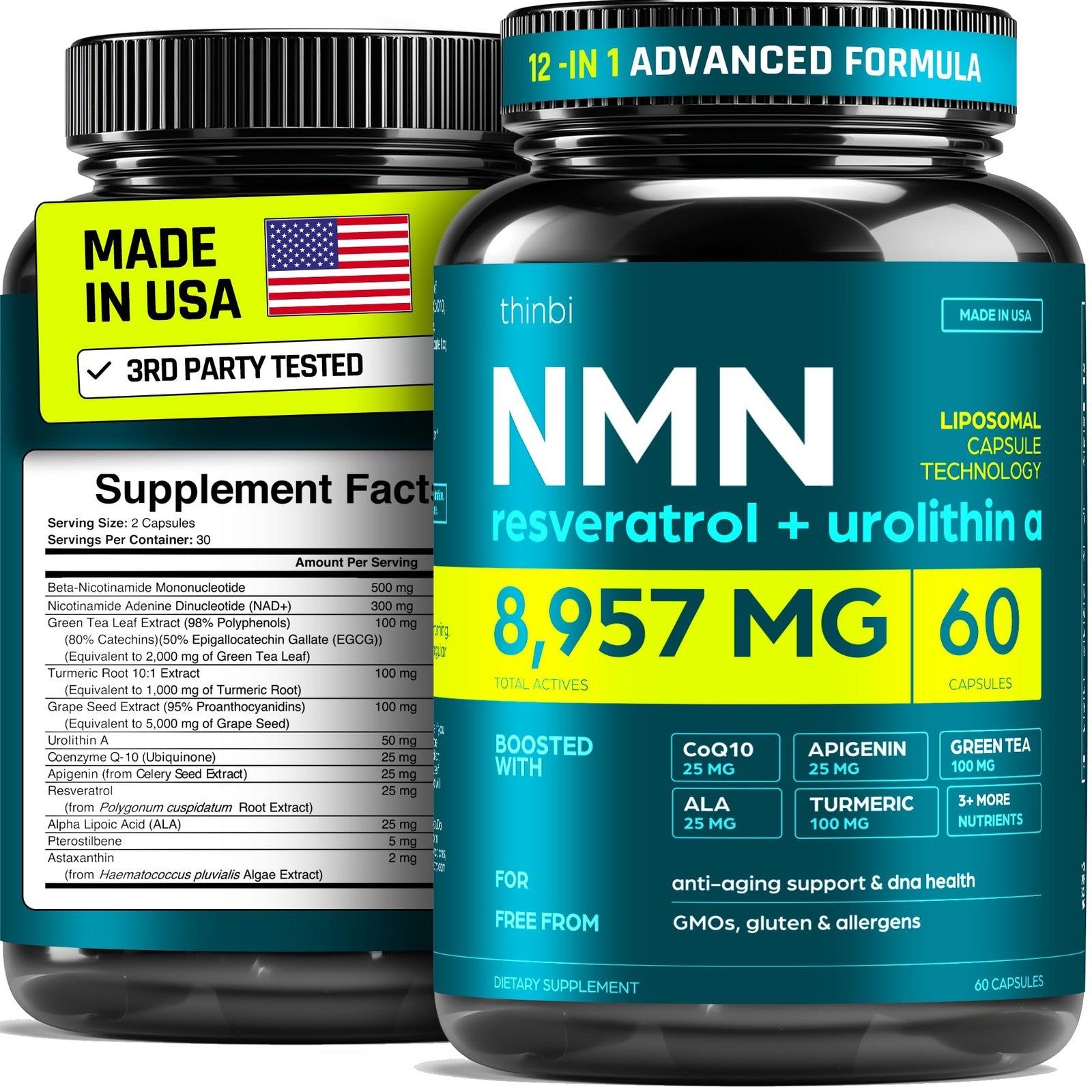 Thinbi NMN supplement bottle showing 8957mg of NMN, with labels for NAD+, Urolithin A, and Resveratrol on the packaging.