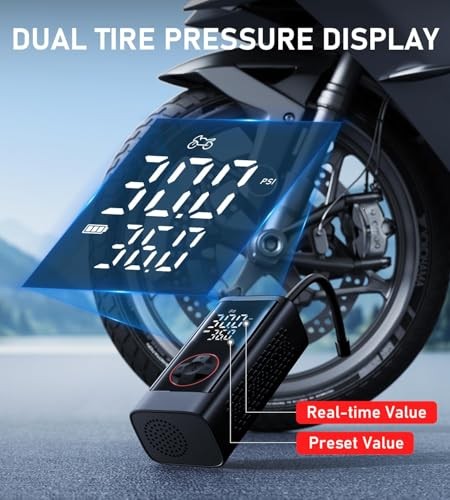 JUSUOX portable cordless tire inflator with digital display, compact air compressor for car tires, 150 PSI capacity.
