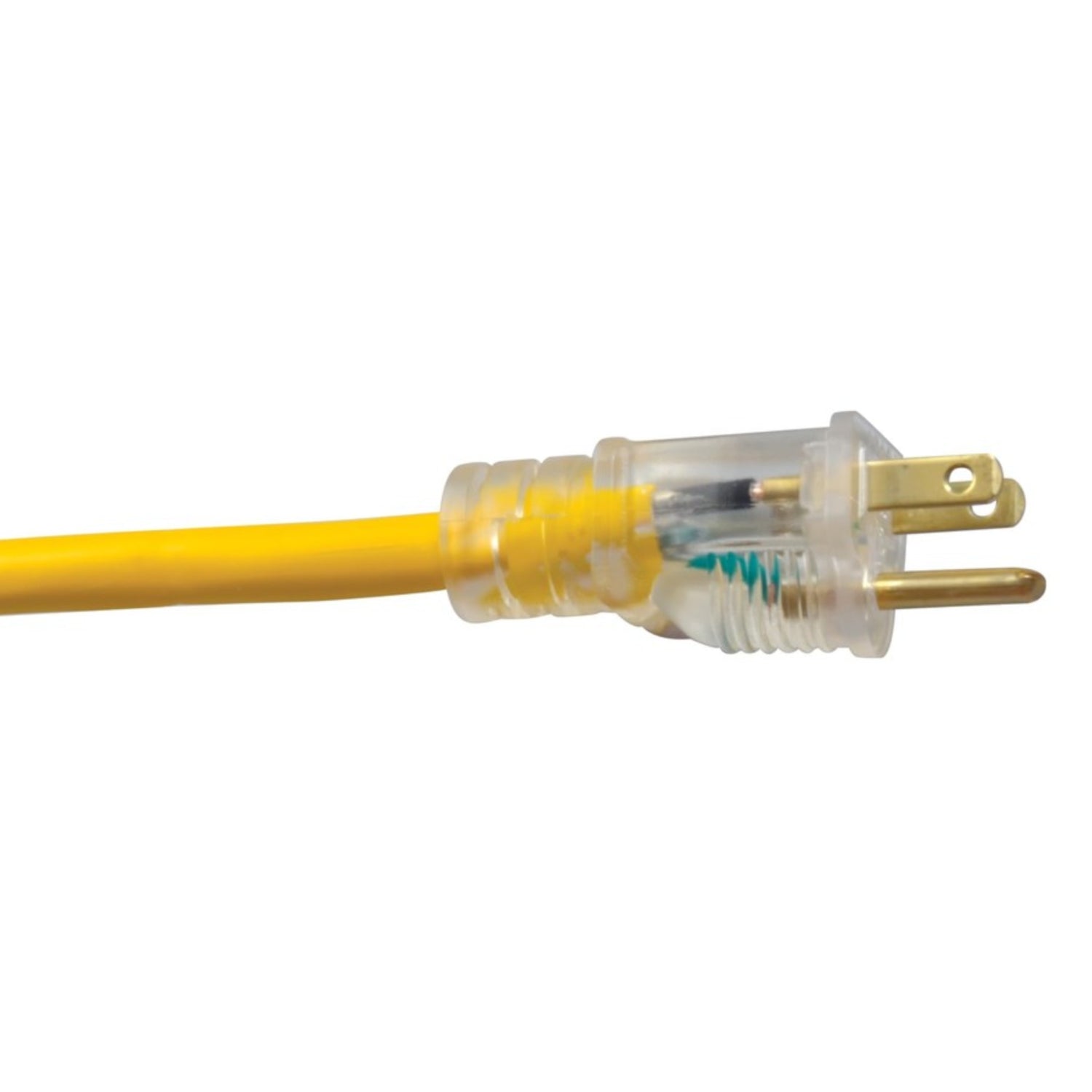 Yellow Southwire 12/3 multi-outlet vinyl extension cord with lighted end, 50 feet long, suitable for heavy-duty electrical extension.