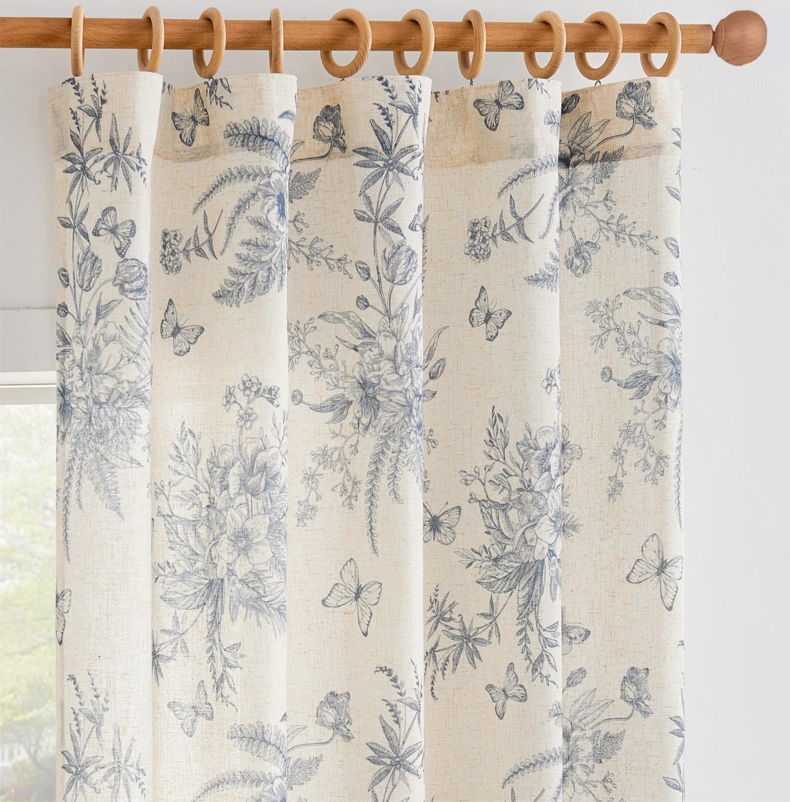 Blue linen floral curtains for living room by Jinchan, 96-inch farmhouse-style window treatment with elegant floral pattern.