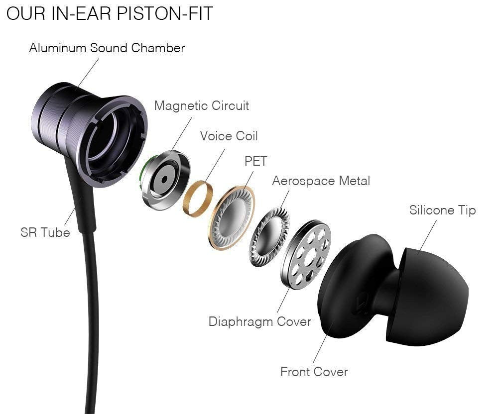 1MORE E1009 Piston Fit in-ear headphones with microphone, black with inline control, close-up view of earbuds and cable.