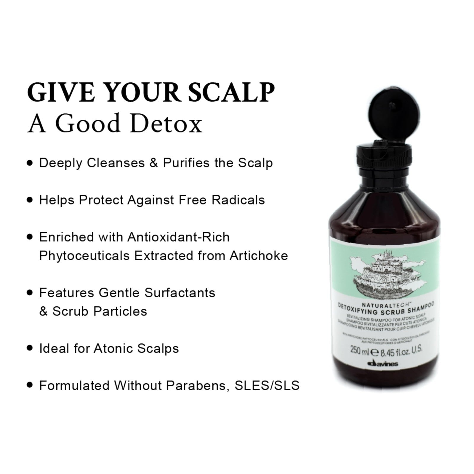 Davines Naturaltech Detoxifying Scrub Shampoo with exfoliating grains and natural ingredients for deep, gentle scalp cleansing.