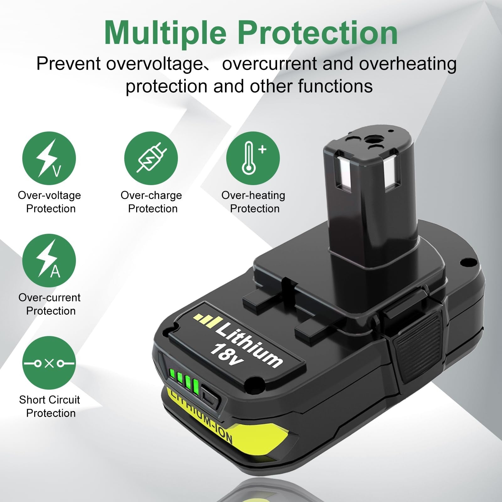 Reoben 2-pack 3.6Ah lithium batteries for Ryobi 18V power tools, compatible replacement batteries, shown in packaging.