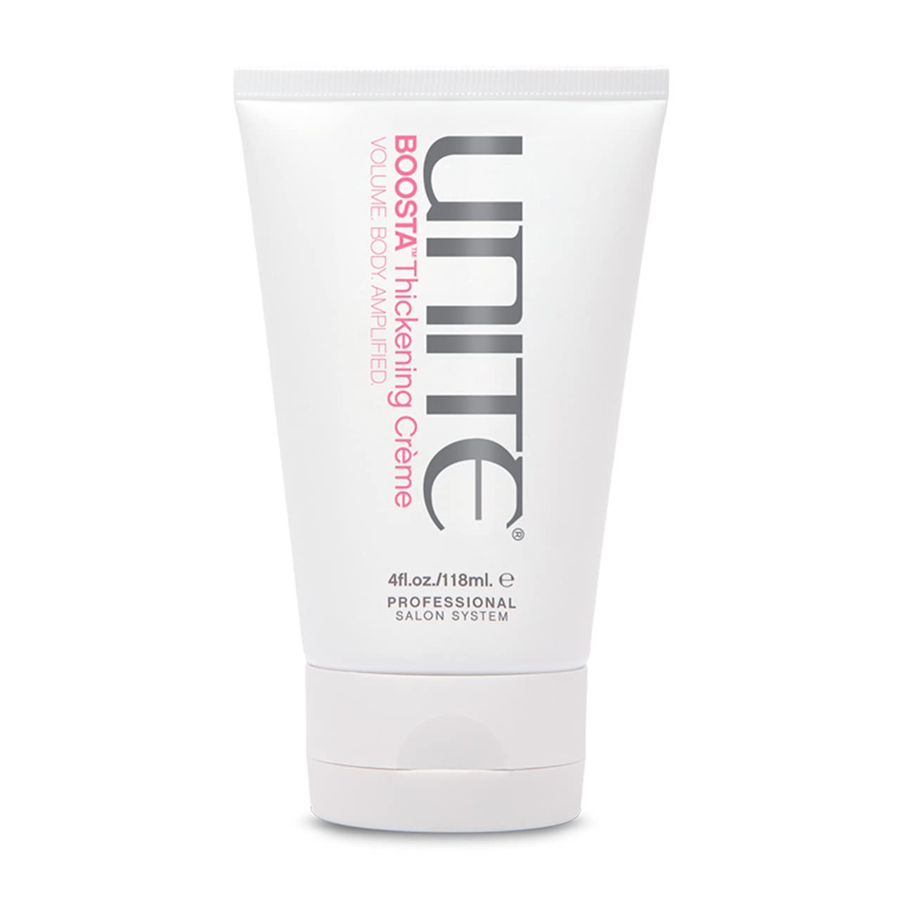 UNITE BOOSTA Thickening Crème for fine hair, volumizing styling cream in a tub, showing the product container and lid.