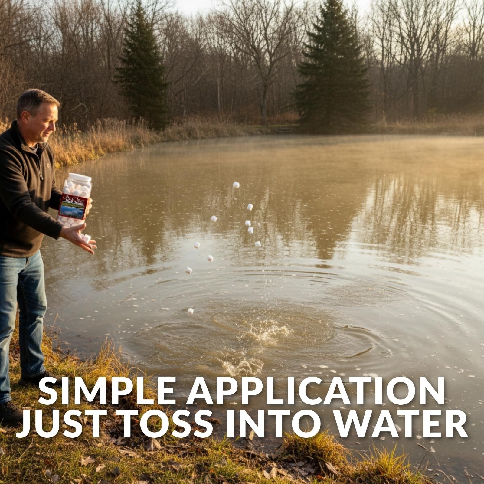 Ultraclear Pond Muck Remover Tablets in a 2-pound container, designed for treating pond muck and algae, 32 tablets included.