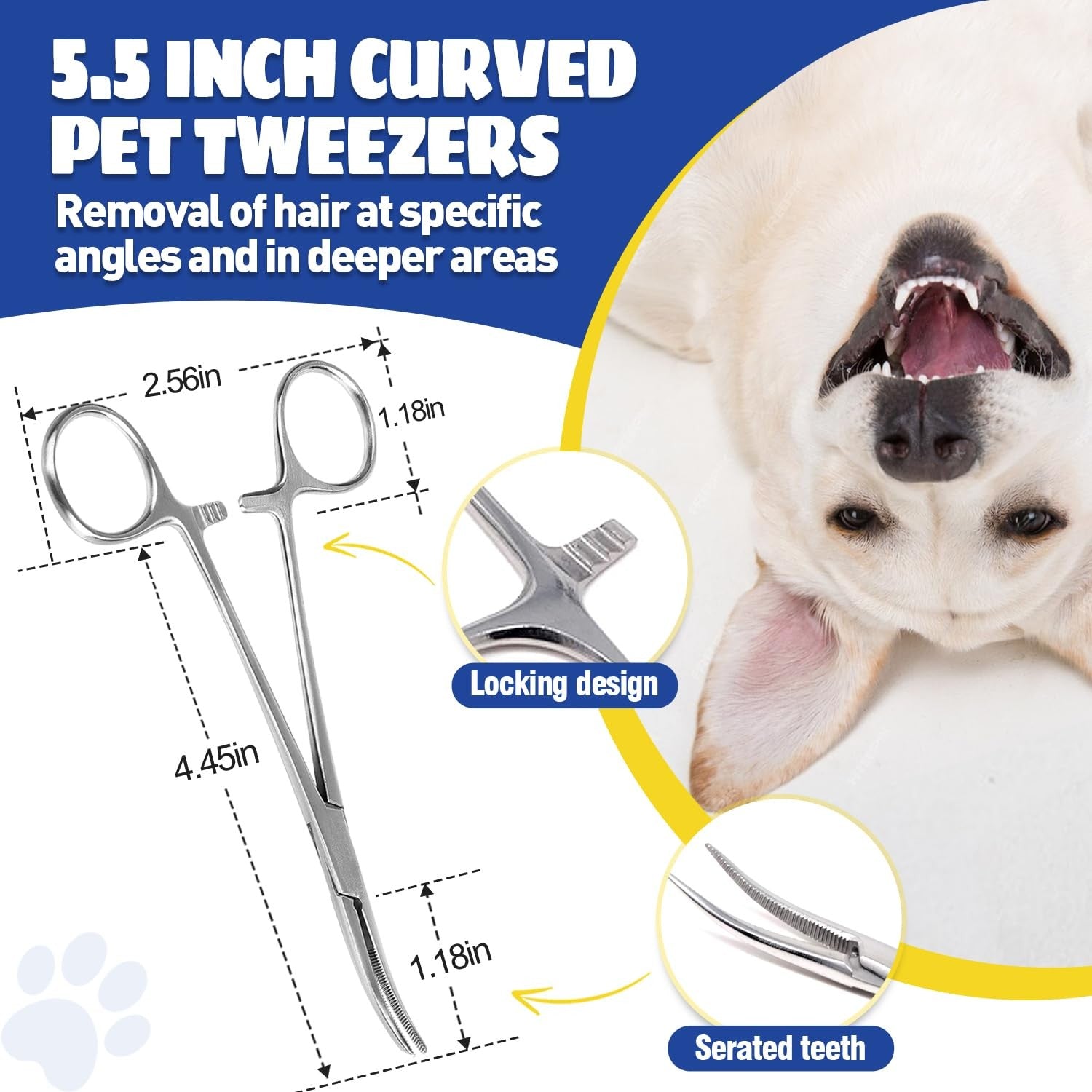 Ninibabie dog ear powder hair removal with 5.5-inch curved hemostat for safe ear cleaning and hair removal in pets.