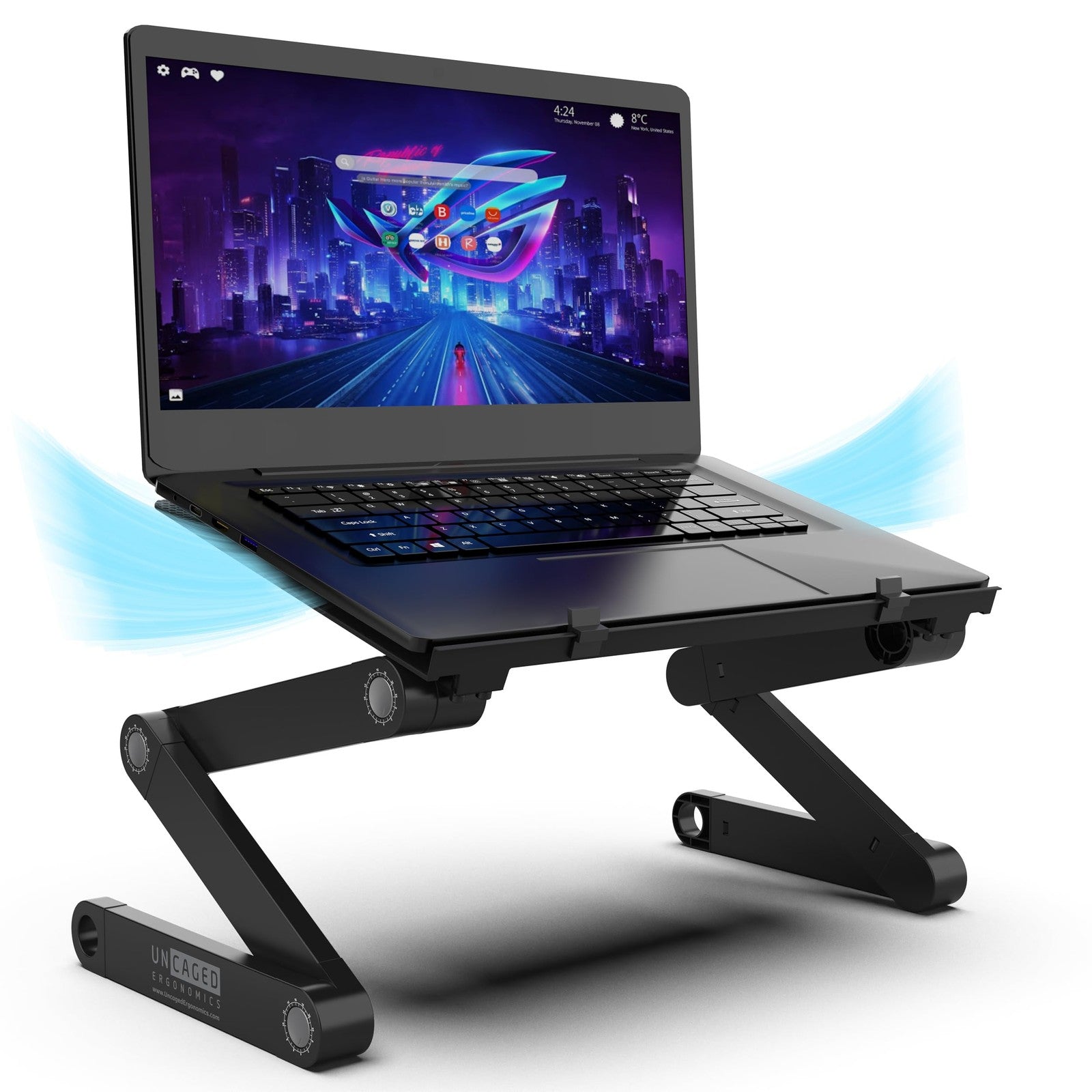 Uncaged Ergonomics WorkEZ adjustable laptop stand on a desk, showing its height adjustment features for ergonomic comfort.