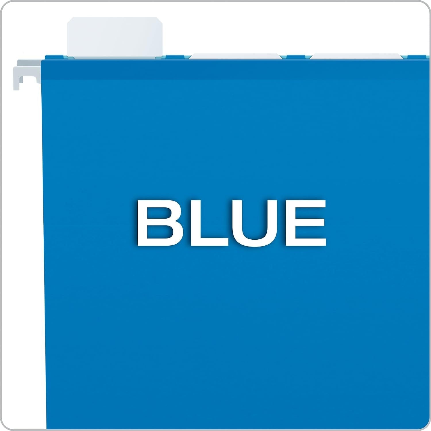 Blue Pendaflex Ready-Tab reinforced hanging folders with 5 tabs, letter size, shown with tabs and hanging rails.
