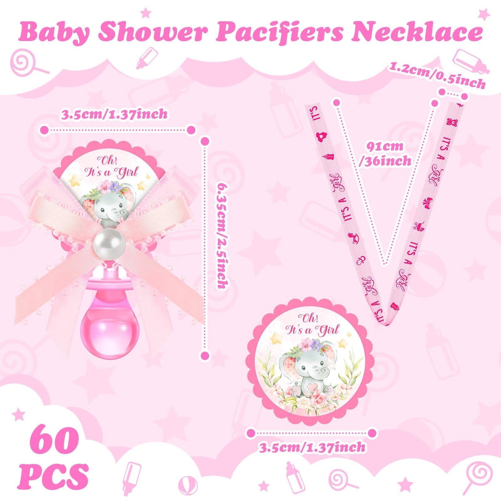 Remuuly 60 pink elephant acrylic pacifier necklace with pink beads for baby shower party favors, featuring a cute elephant pendant.