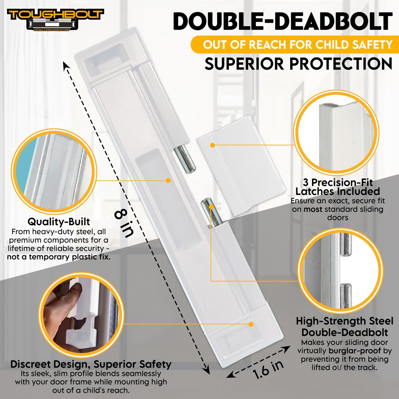 TOUGHBOLT sliding door lock with double deadbolt security and child safety features, showing the lock mechanism on a door.