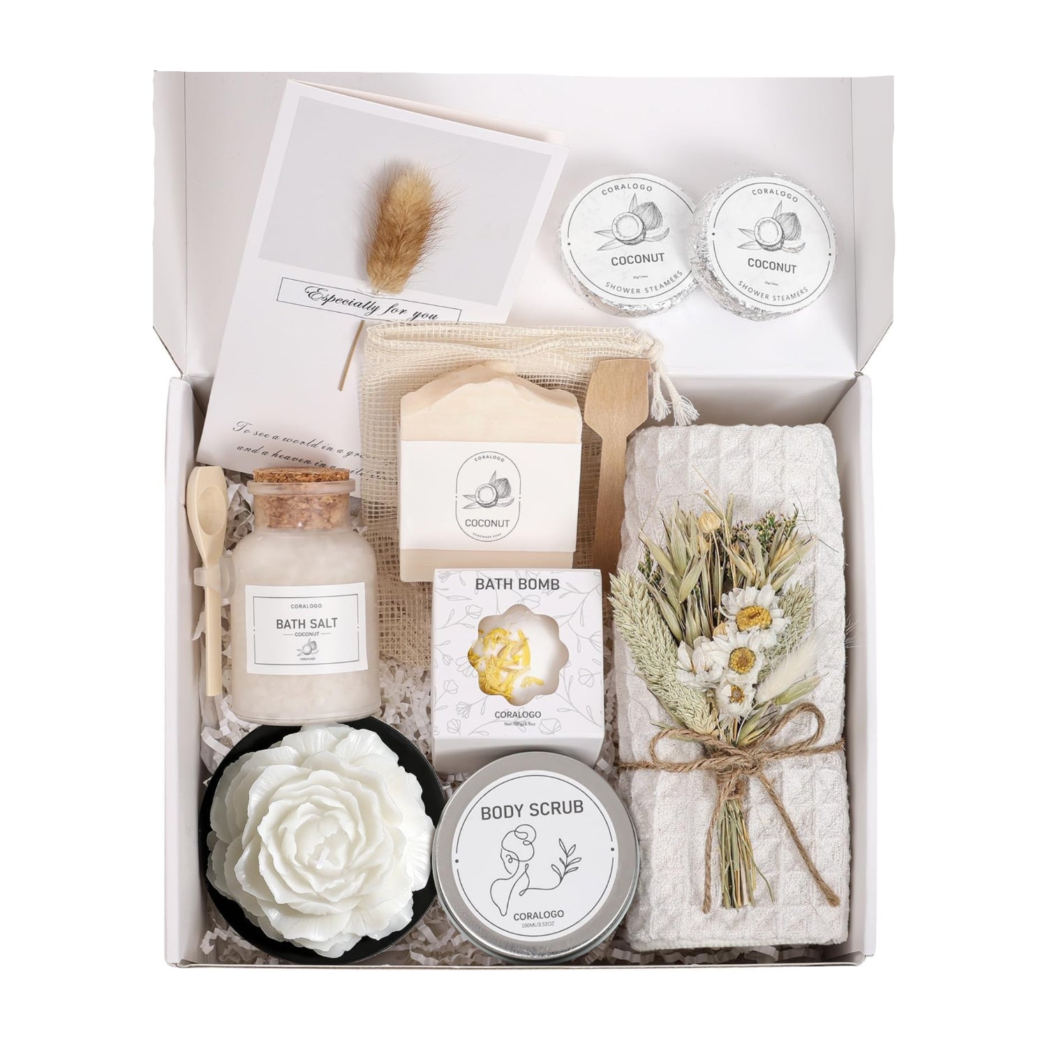 Coralogo coconut spa gift set for women, 12-piece self-care bath basket with coconut-themed skincare and relaxation products.