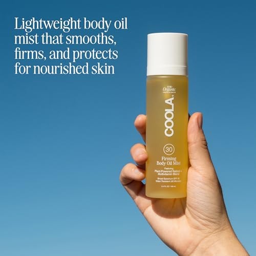 COOLA Firming Body Oil Mist SPF 30 organic lightweight hydrating sunscreen spray with nourishing ingredients and natural glow.