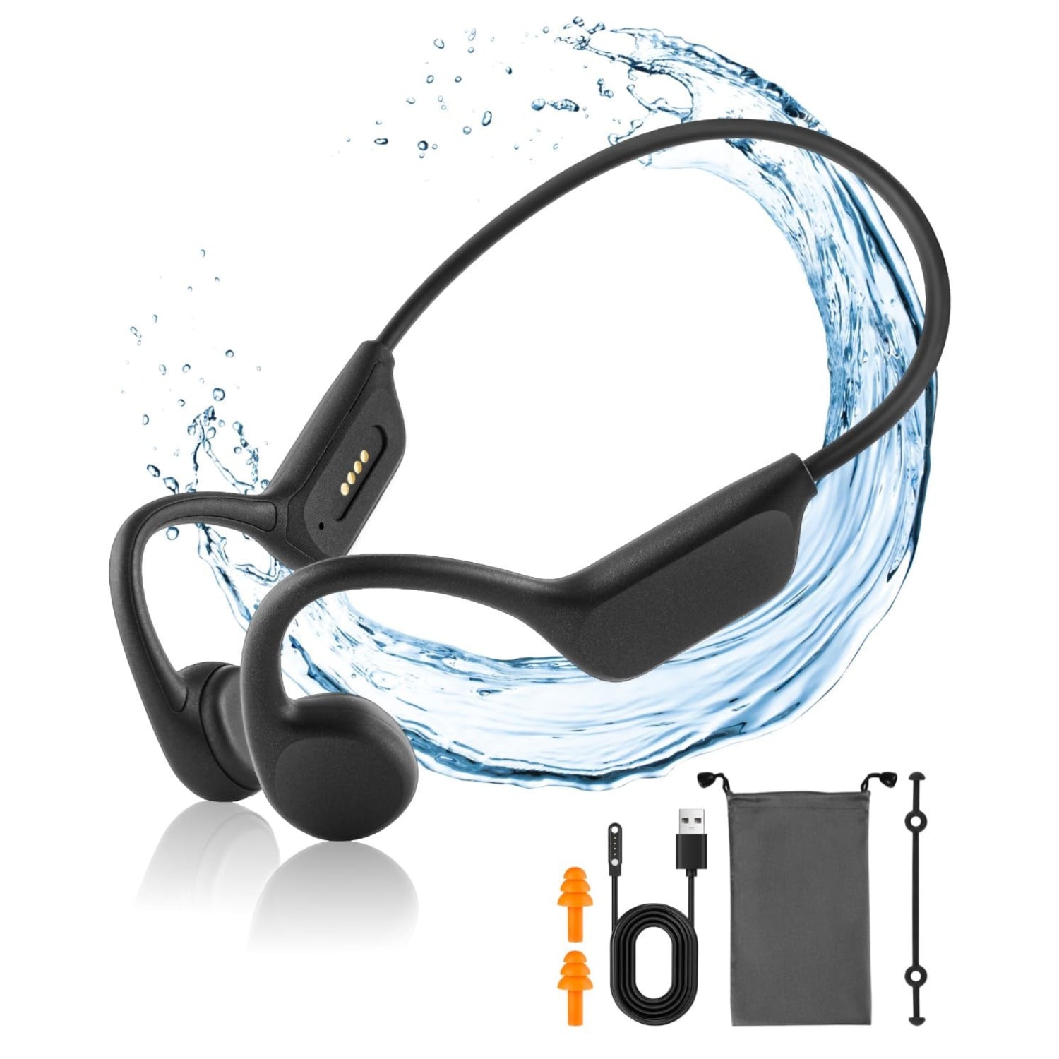 Banoshalo X7 Pro bone conduction headphones in deep black with open ear design and IPX8 water resistance, shown from the side.