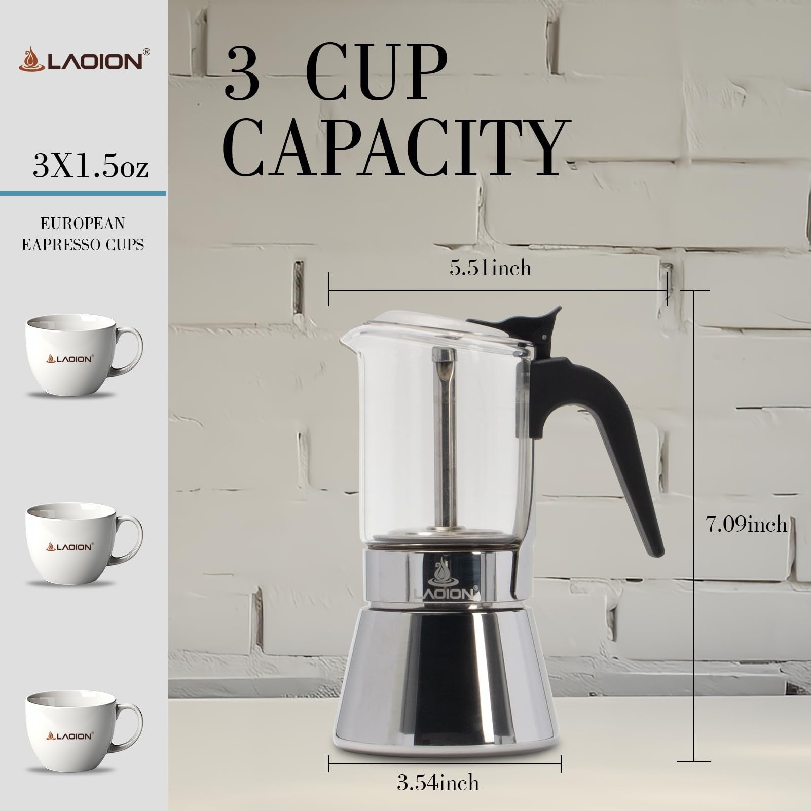 LAOION 3-cup stovetop espresso maker with crystal glass top and stainless steel body, compact moka pot for rich coffee brewing