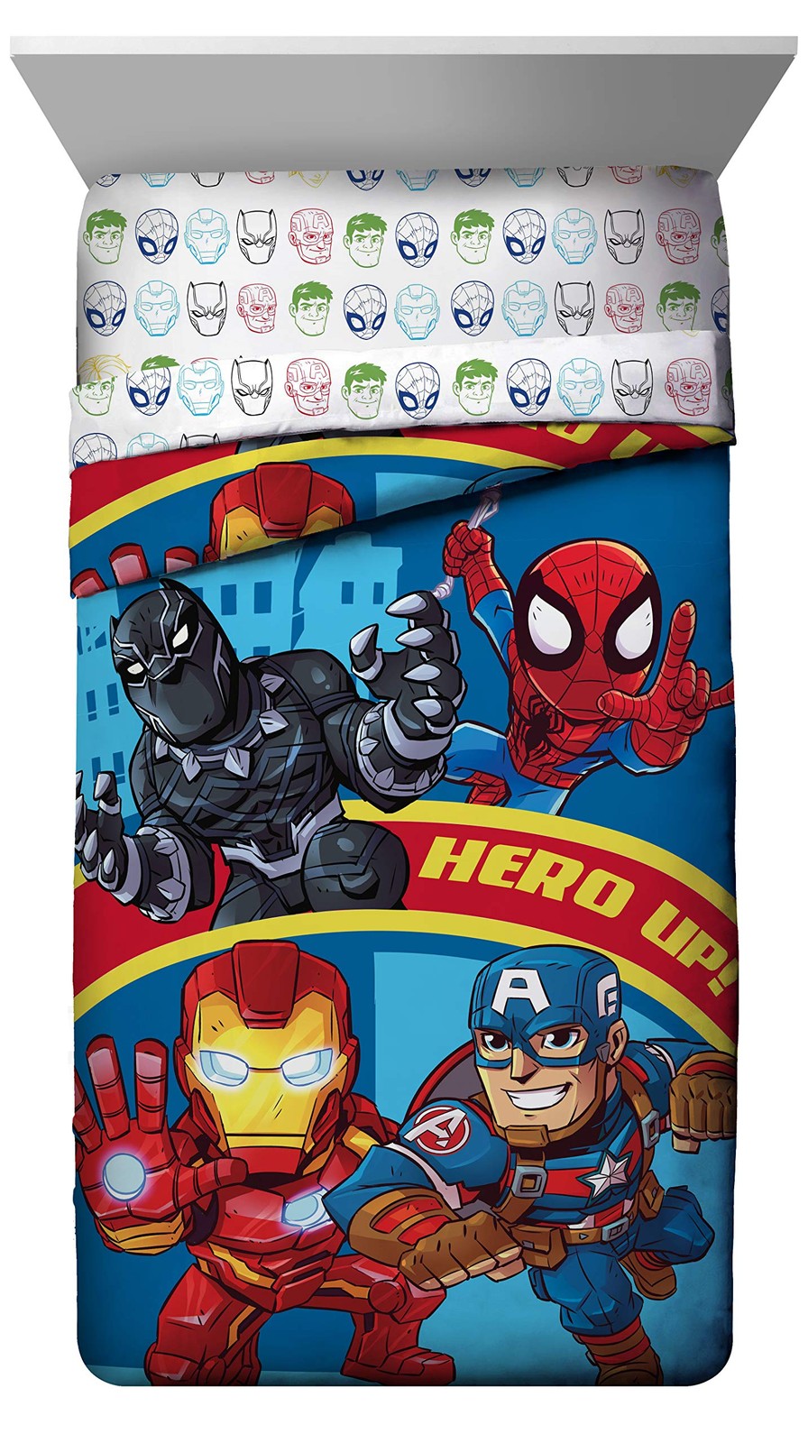 Jay Franco Marvel Super Hero Adventures toddler bed set with colorful superhero characters and matching bedding design.