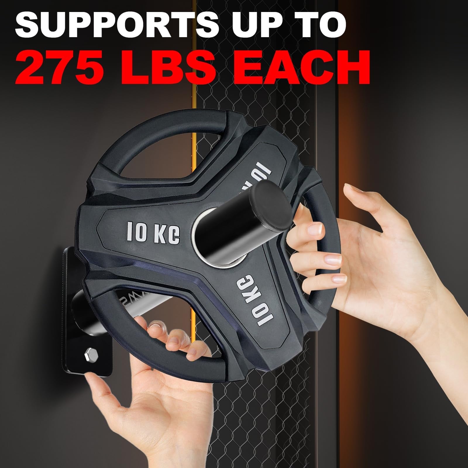 ANOSWXG wall-mounted strength training plate storage rack holding 2-inch weight plates for organized gym equipment storage