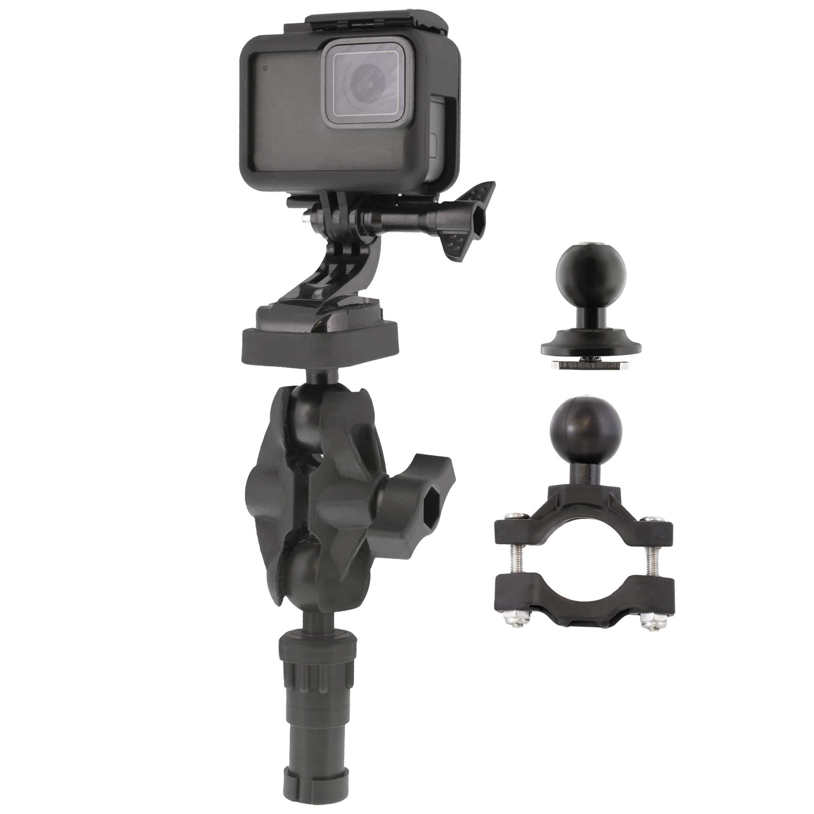 Scotty 0134 action camera mount with post, track, and rail mounts, showing the versatile mounting components and hardware.