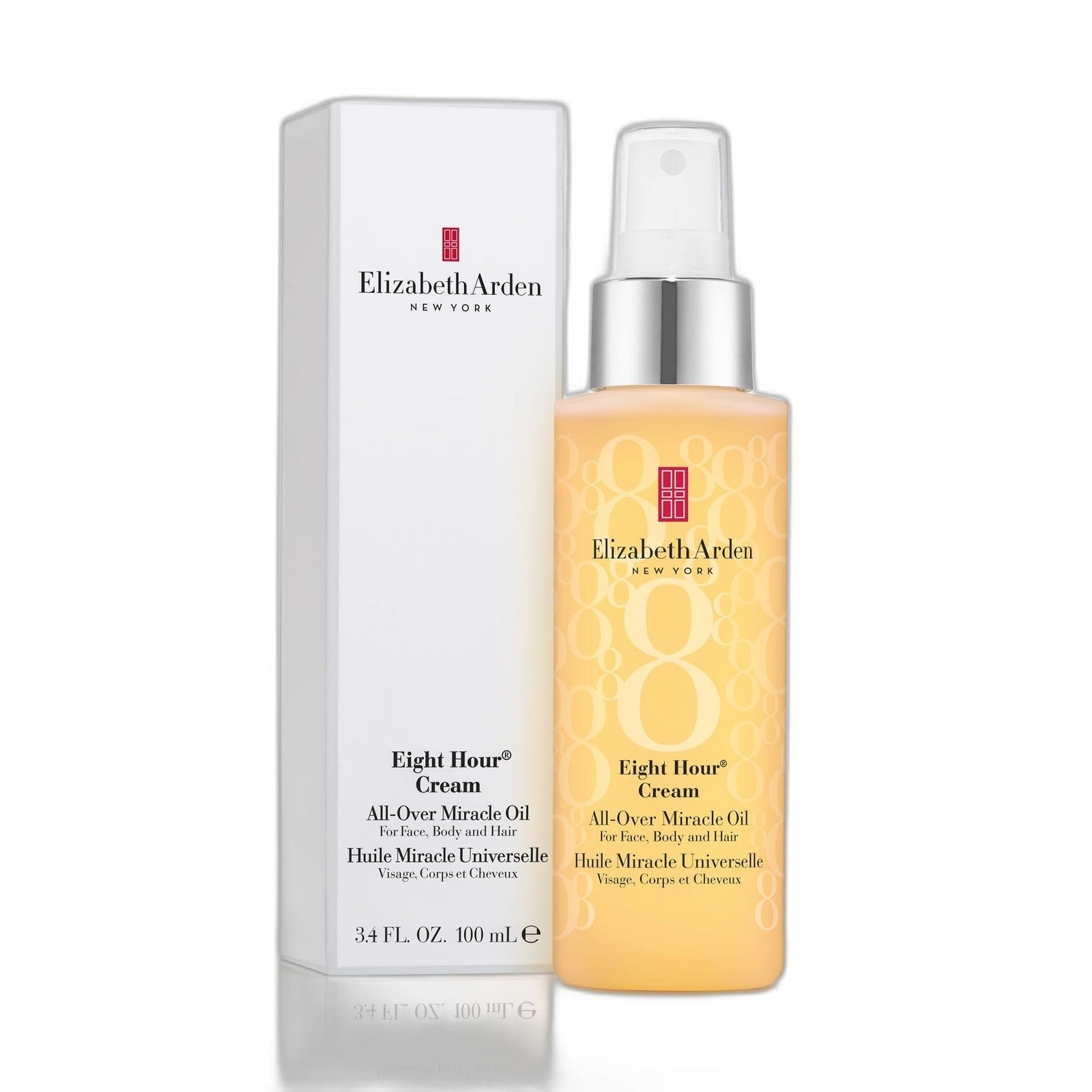 Elizabeth Arden Eight Hour Miracle Oil bottle with dropper, used for face, body, and hair hydration.