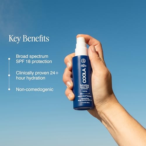 COOLA Organic Refreshing Water Mist Face Moisturizer with SPF 18, dermatologist-recommended, showing the spray bottle and fresh mist.