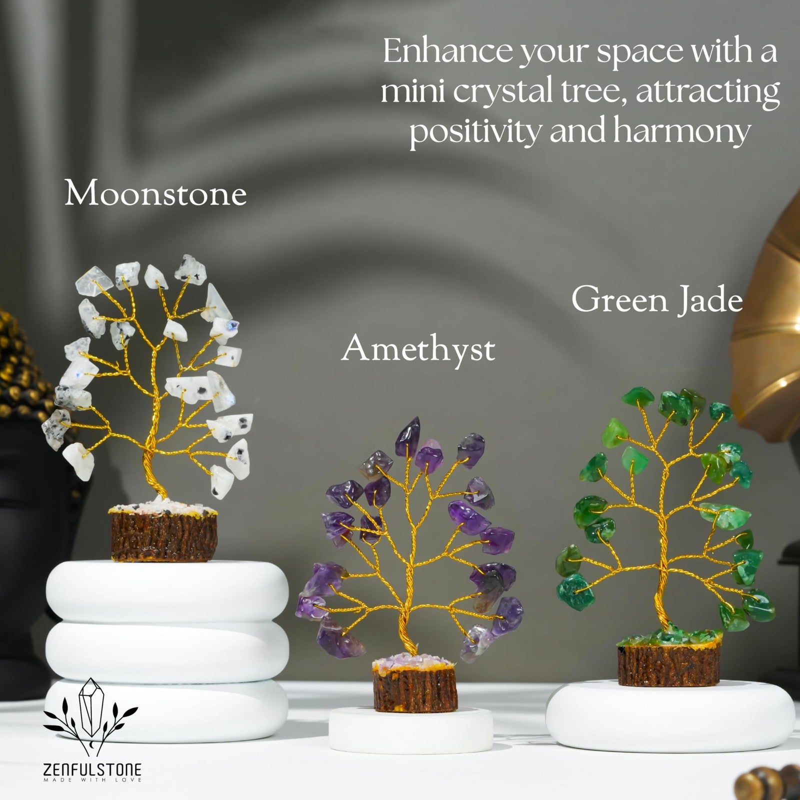 Set of 12 handcrafted Crystal Tree of Life chakra gifts for women by ZENFULSTONE, featuring small, detailed crystal trees.