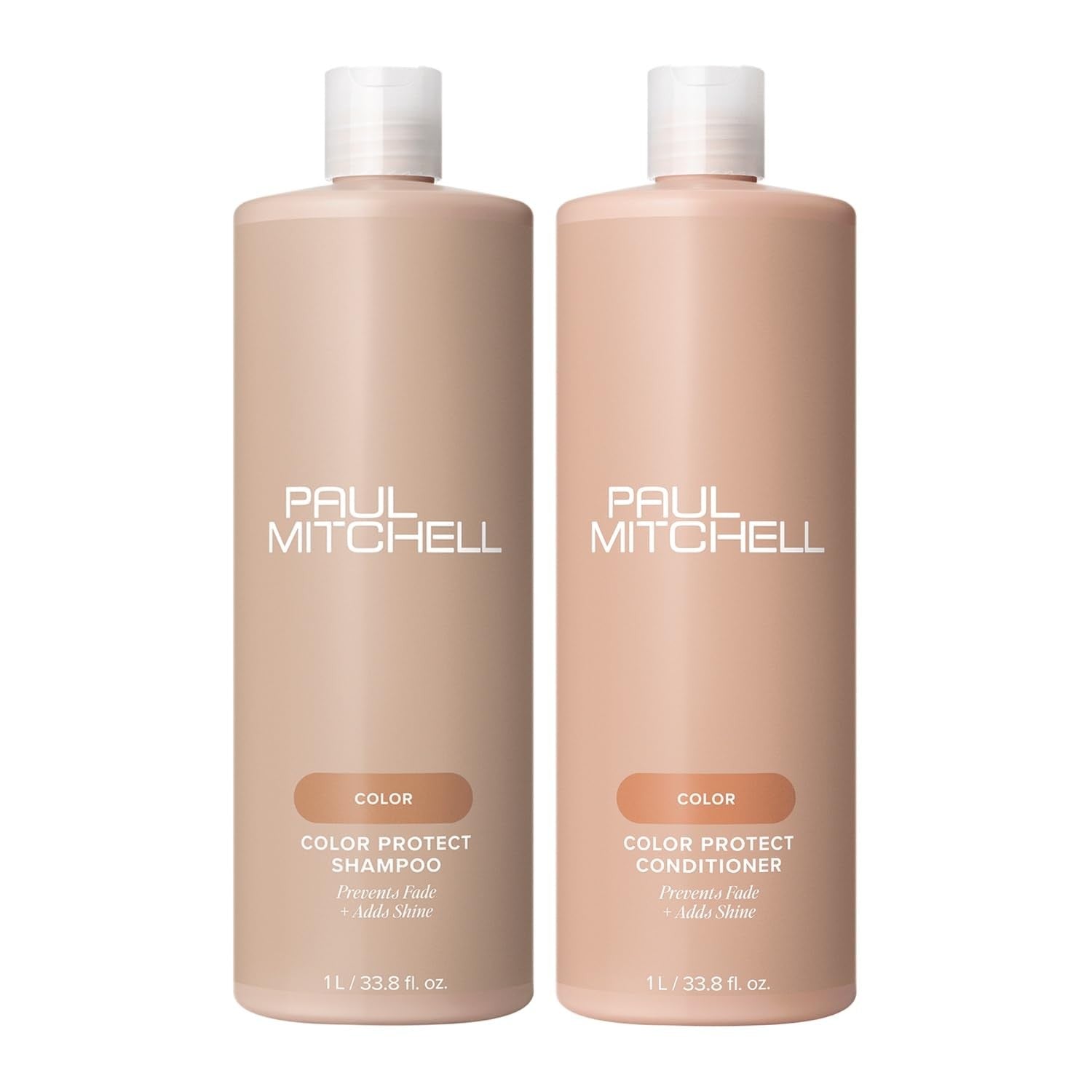 Paul Mitchell Color Protect shampoo and conditioner set with bottles displaying labels for color protection and hair care.