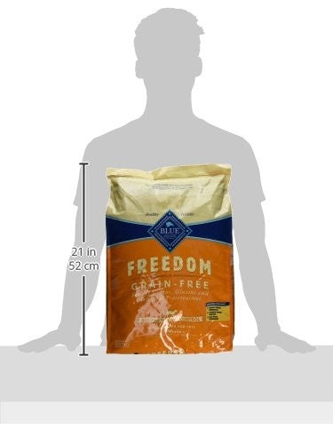Blue Buffalo Freedom grain-free dry cat food for adult weight control, featuring blue bag with kibble and cat silhouette.