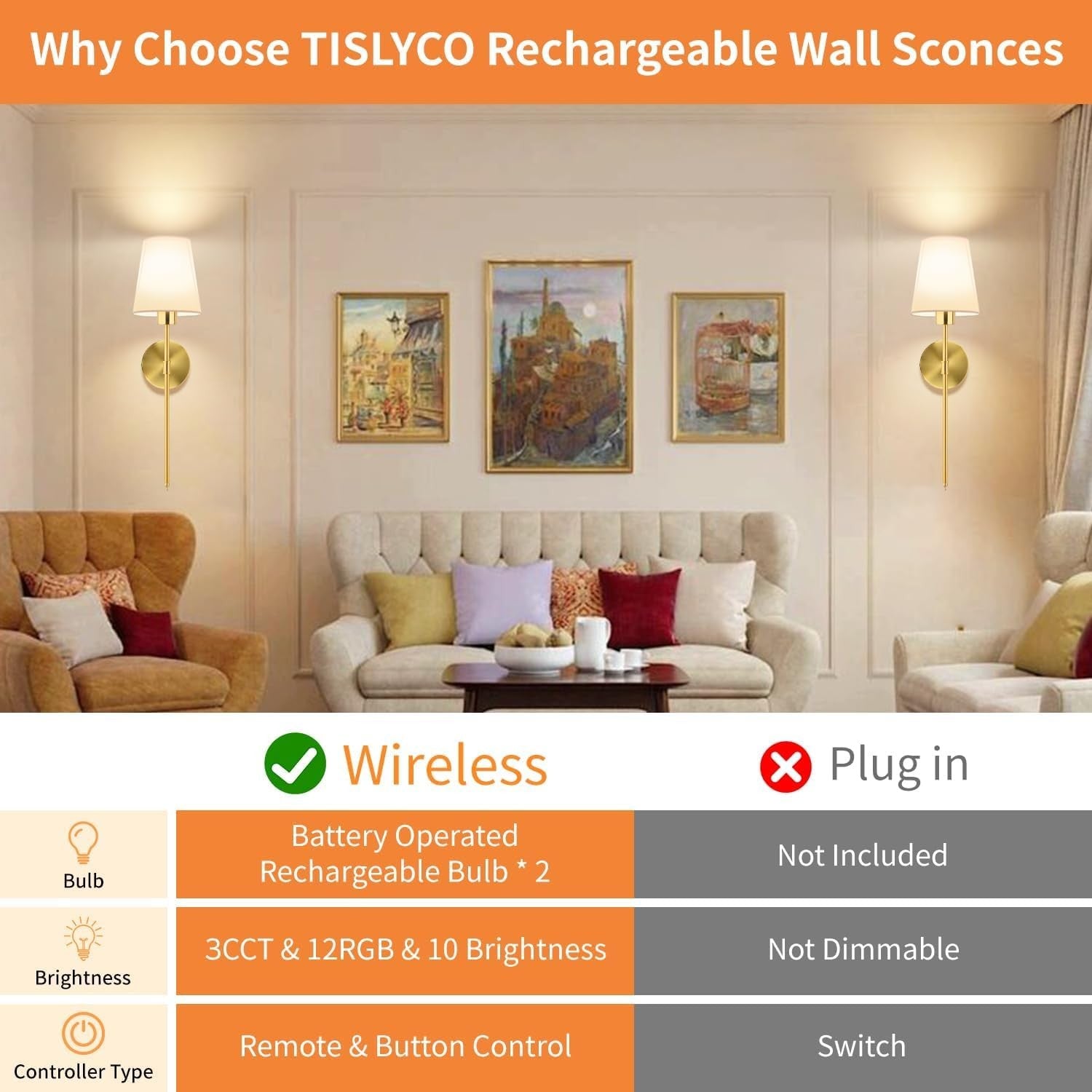 TISLYCO gold battery-operated wall sconces set of 2 with rechargeable LED lamps mounted on a wall for ambient lighting