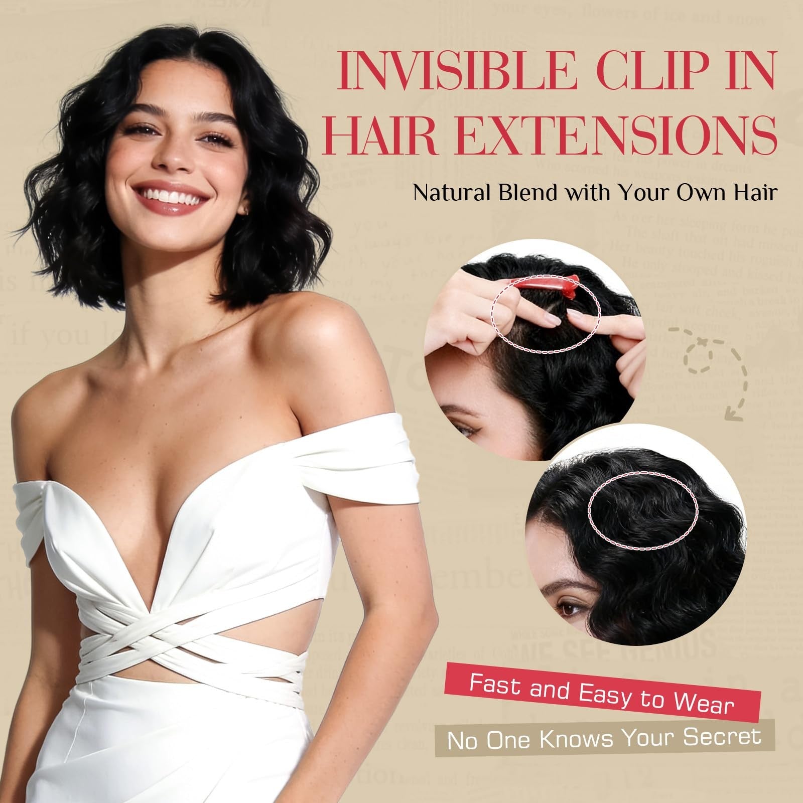 Rich Choices clip-in hair extension with real human hair, curly wave style, six-piece set, natural-looking and easy to attach.
