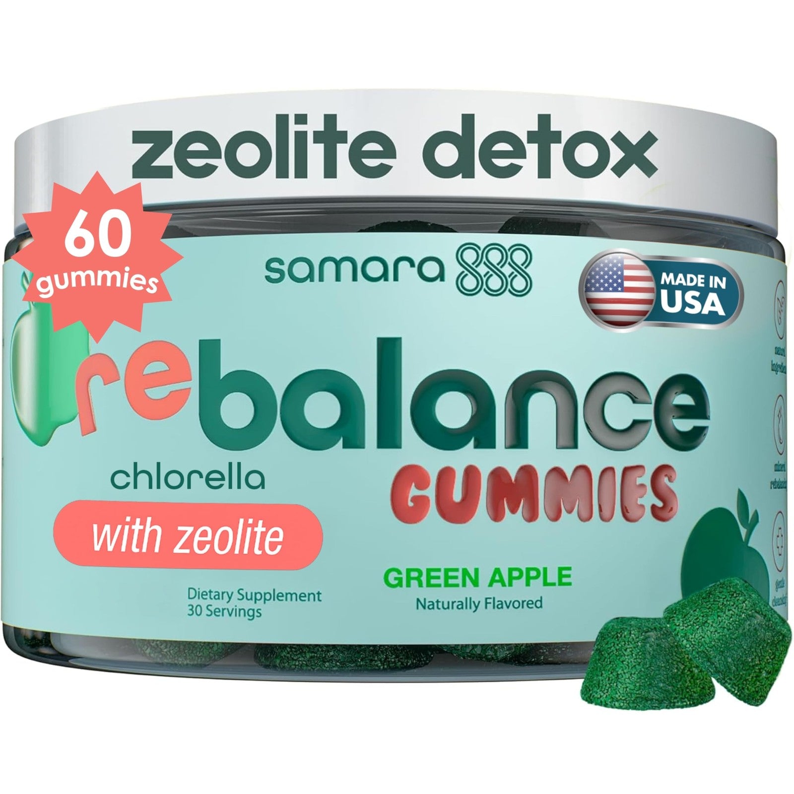 Samara 888 Zeolite Detox gummies for kids and adults, featuring heavy metal detox and chlorella, in colorful gummy form.
