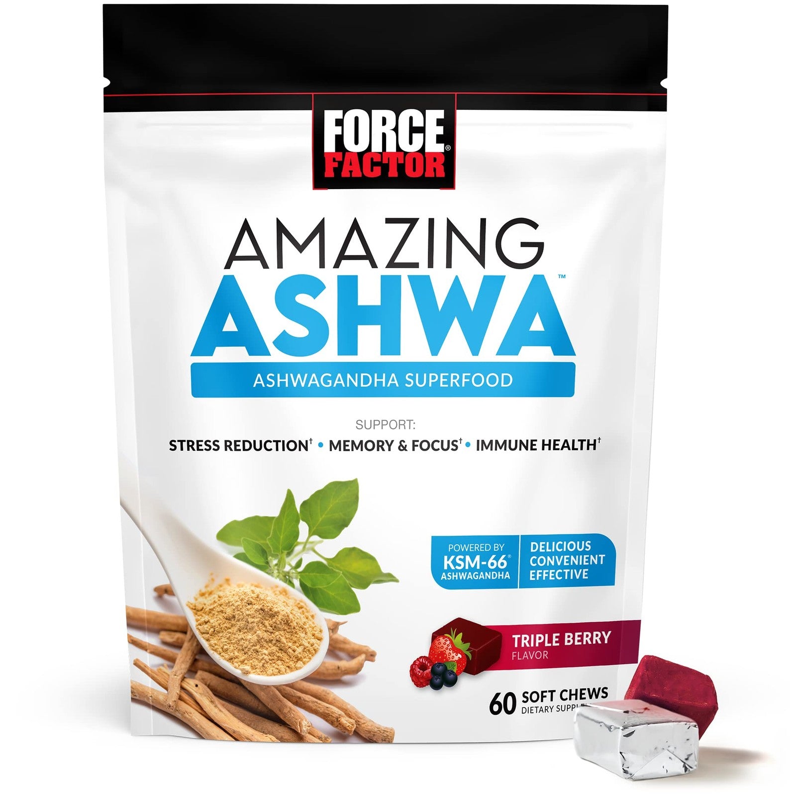 Force Factor Amazing Ashwa and turmeric supplement bottle with capsules for stress relief and joint support.