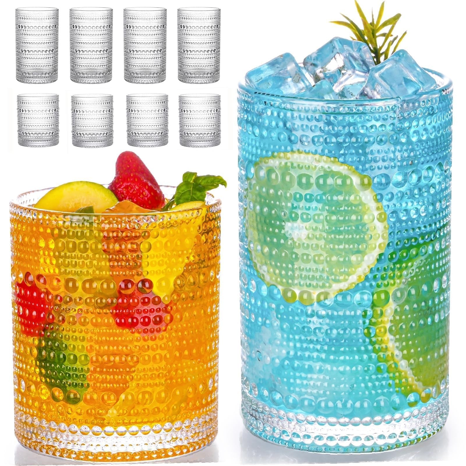 Set of 8 VANKUTL hobnail drinking glasses, 12 oz glass cups with textured hobnail design for stylish beverage serving.