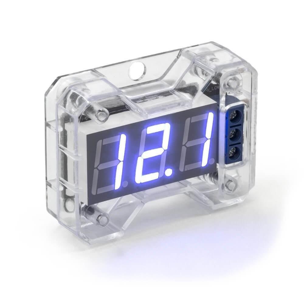 Expert VEX1.0 compact vehicle voltmeter showing black display with voltage readings for 8 to 16.5 volts DC in a vehicle.