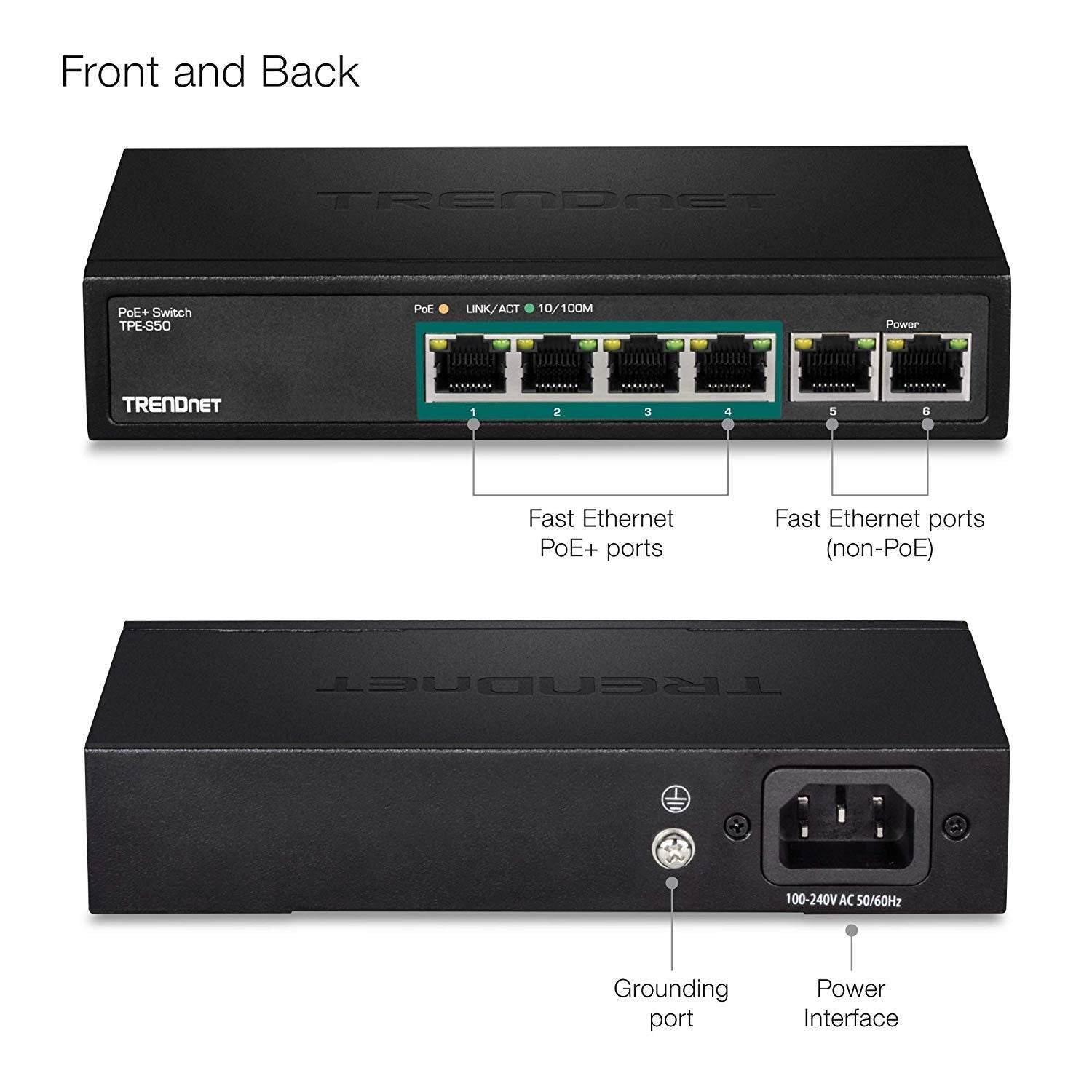 TRENDnet 6-port Fast Ethernet PoE+ switch with NDAA compliance and 60W power budget, featuring ports and LED indicators.