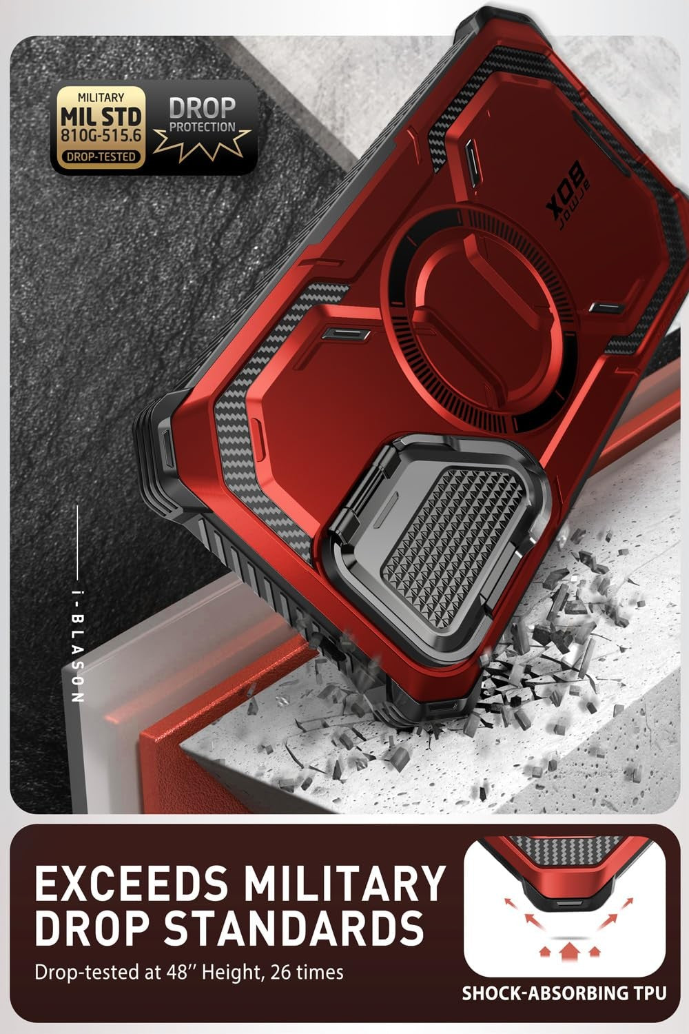 i-Blason S24 case with camera cover, built-in MagSafe stand, and screen protector for iPhone showing front and back features.