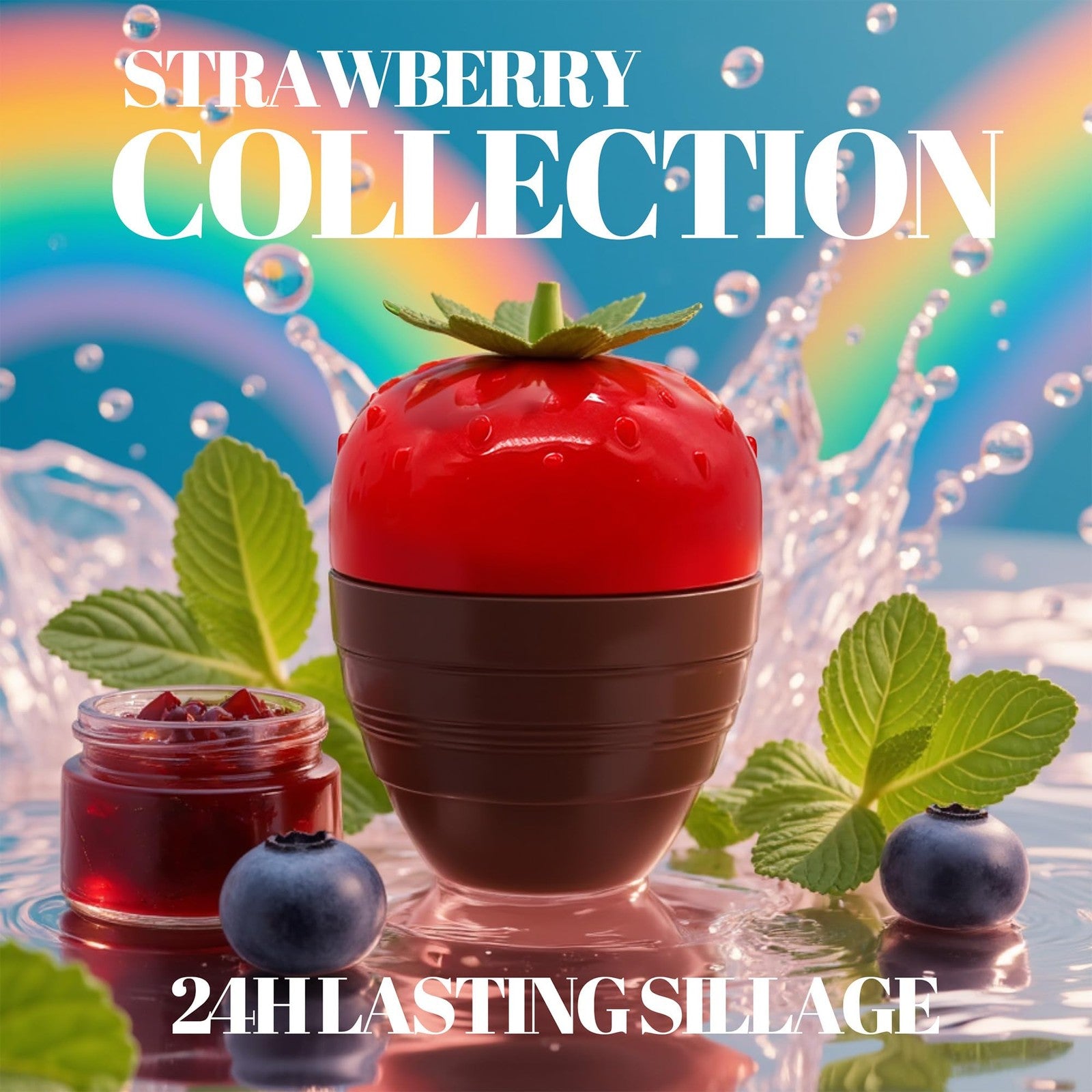 A CENTER I Love Strawberry floral perfume for women in a sleek EDP spray bottle with a pink and red floral design.