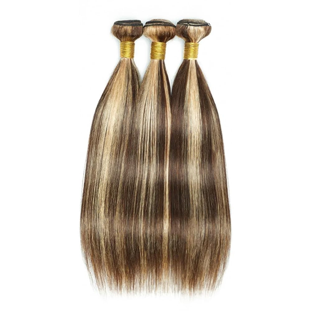 Biliisyff blonde bundles of straight Brazilian virgin human hair, P4/613 color, arranged in multiple bundles for hair extensions.