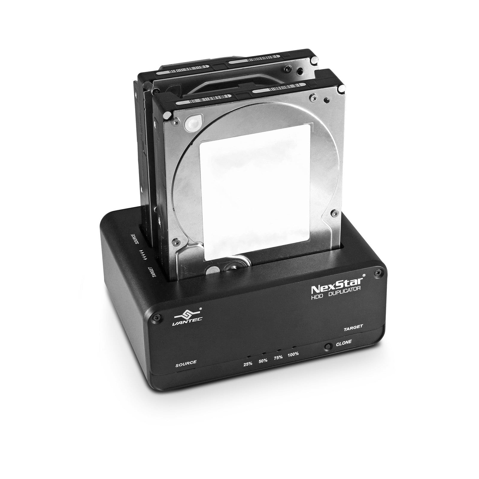 Vantec NexStar JX dual bay USB 3.2 Gen1 SATA III drive dock with cloning function, showing two SATA drives inserted.