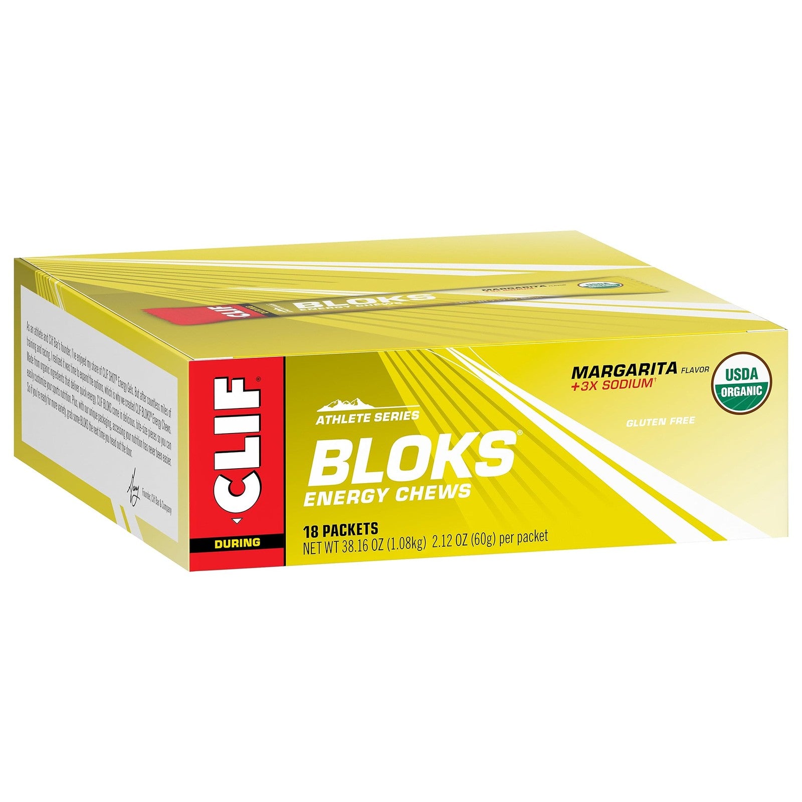 Clif Bloks Margarita flavor energy chews in an 18-pack, non-GMO and plant-based with electrolyte boost for active outdoor activities.