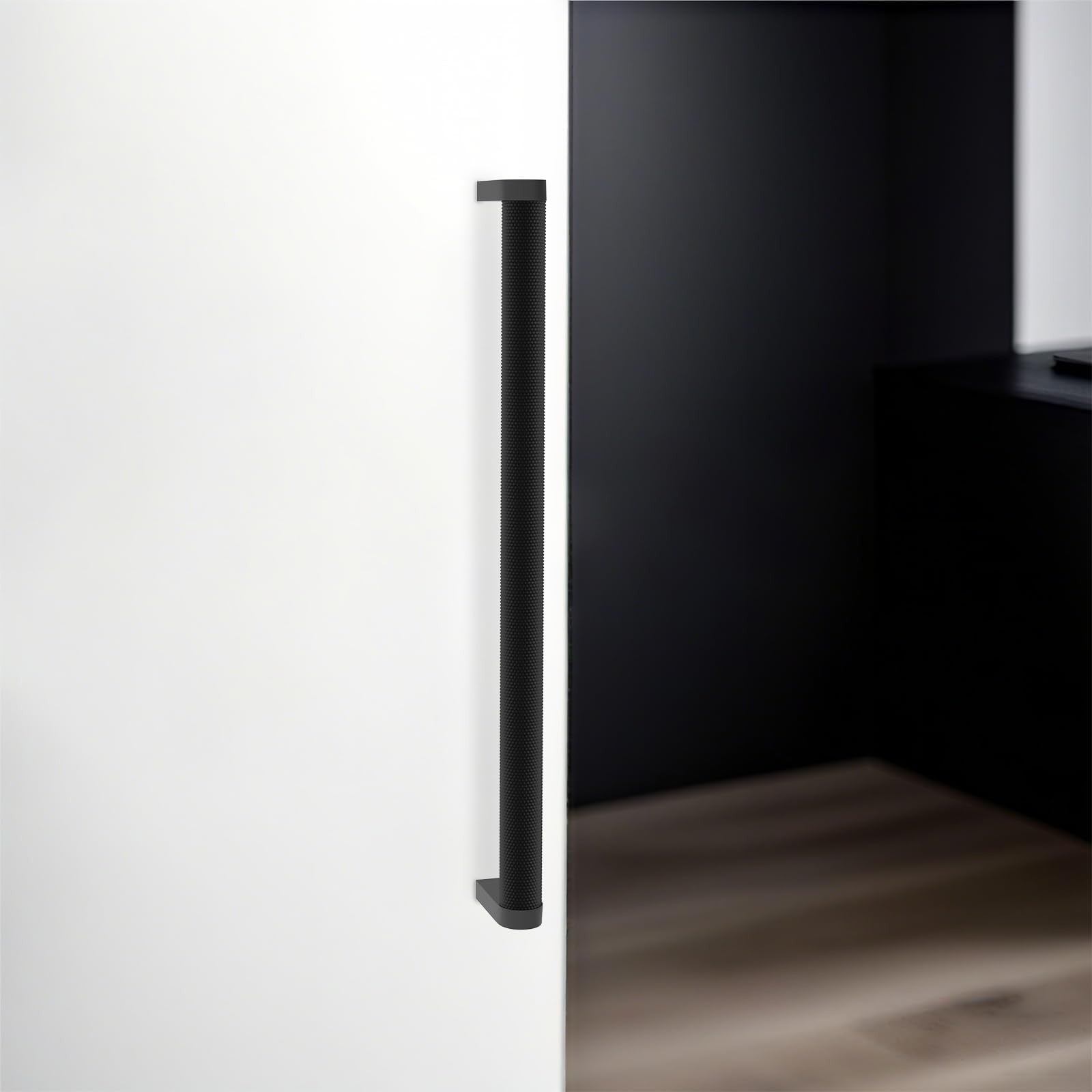 KOMOTIA 6-pack matte black knurled cabinet pulls with 11.3-inch hole centers, kitchen handles with textured grip.