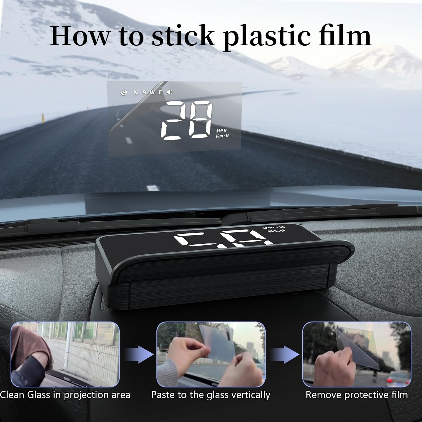 AZIJYV Heads Up Display for cars projecting speed and data onto windshield, white compact HUD M1 device with digital readout.