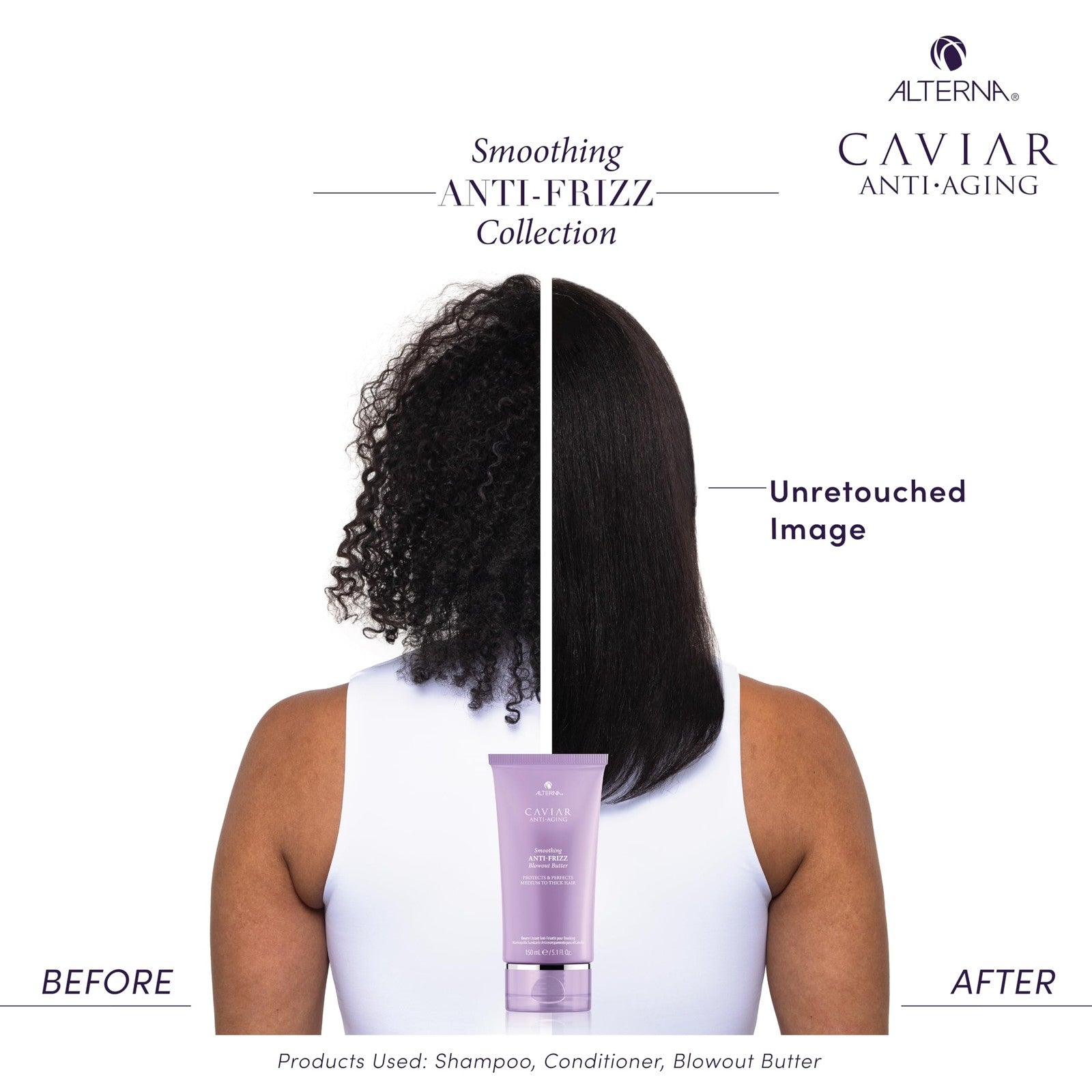 Alterna Caviar Anti-Aging Smoothing Anti-Frizz Blowout Butter jar with product label, 5.07 fl oz size, creamy texture
