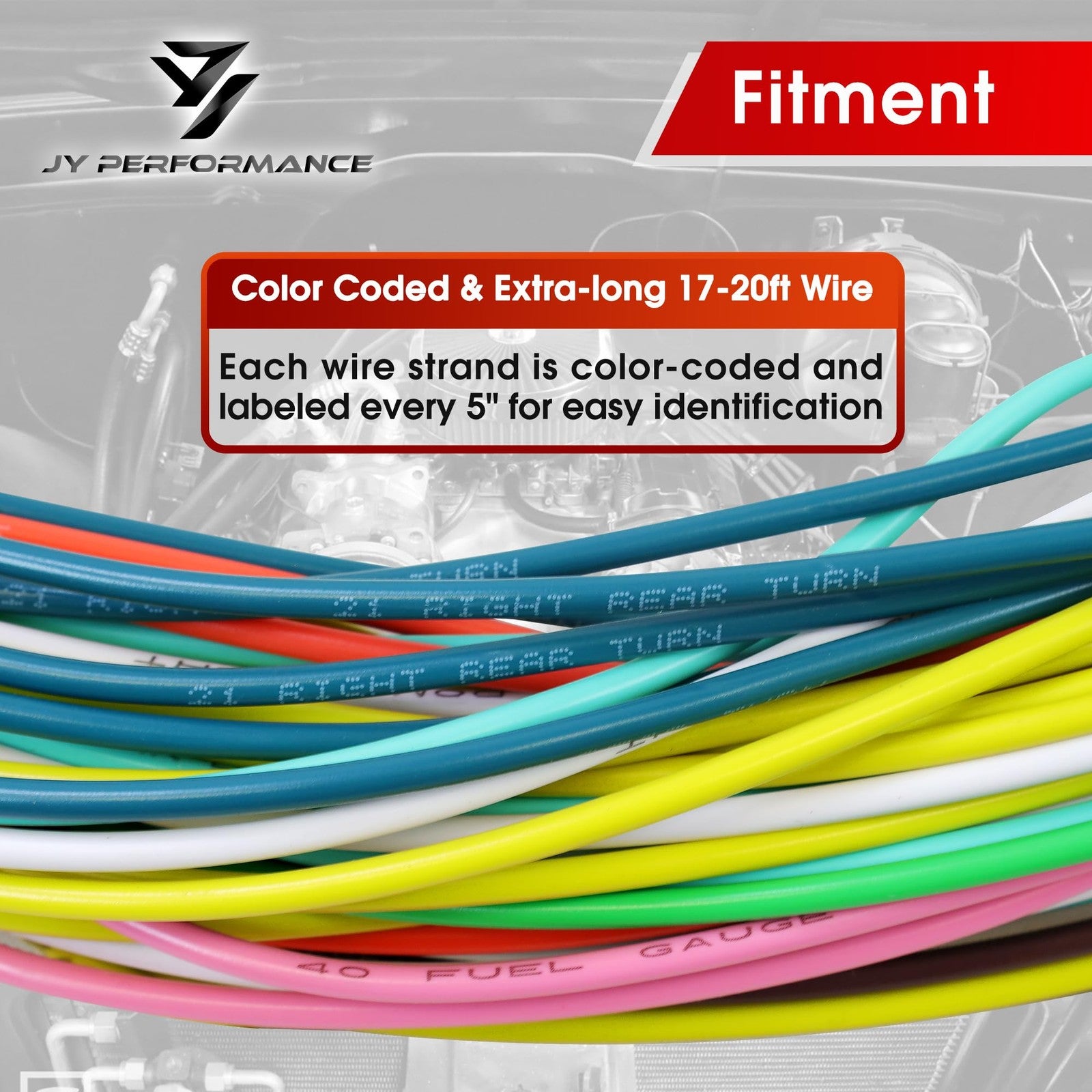 JY PERFORMANCE universal 21 circuit wiring harness kit with extra long wires, showing the detailed black wiring and connectors.
