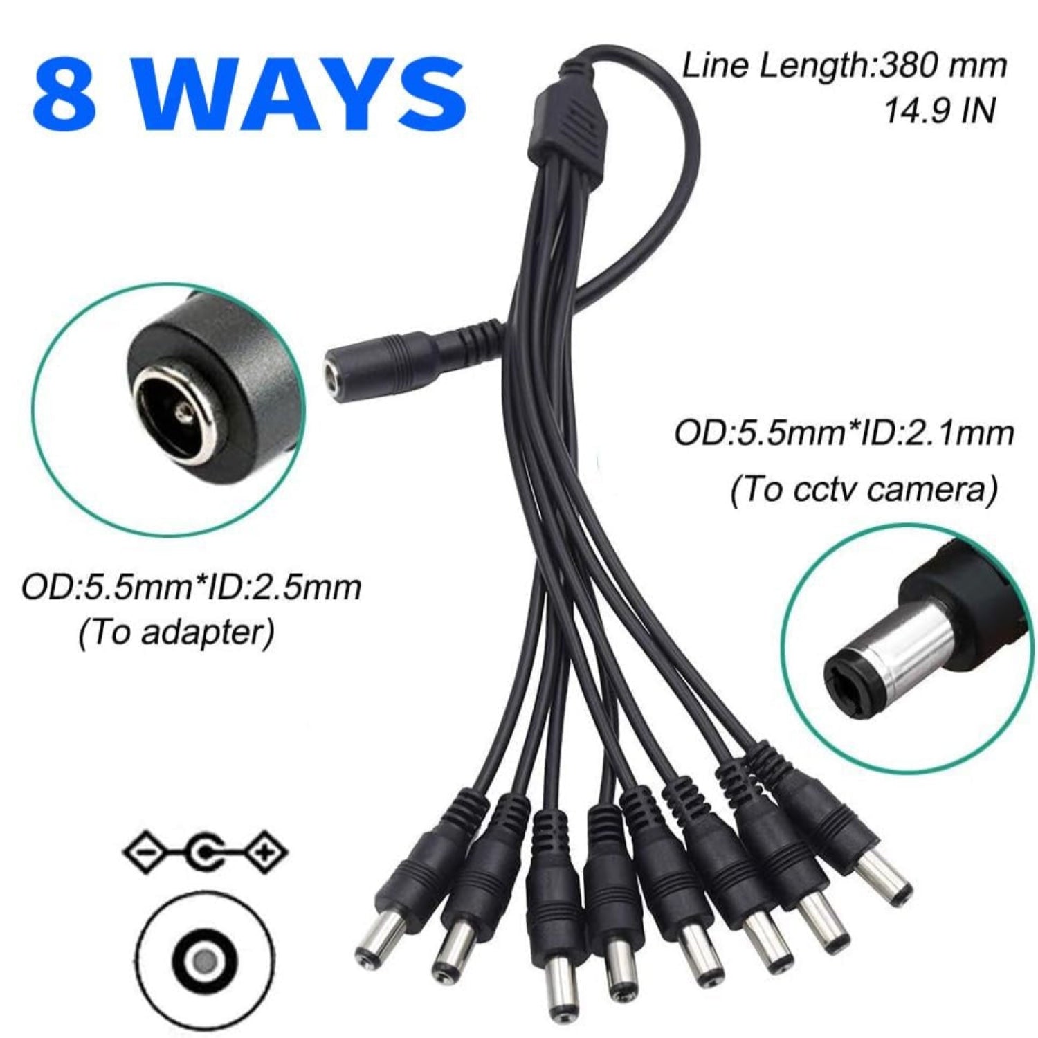 YAREMYEYE 12V 7A security camera power adapter with 8-way splitter, 5.5x2.1mm plug, suitable for 100V-240V outlets