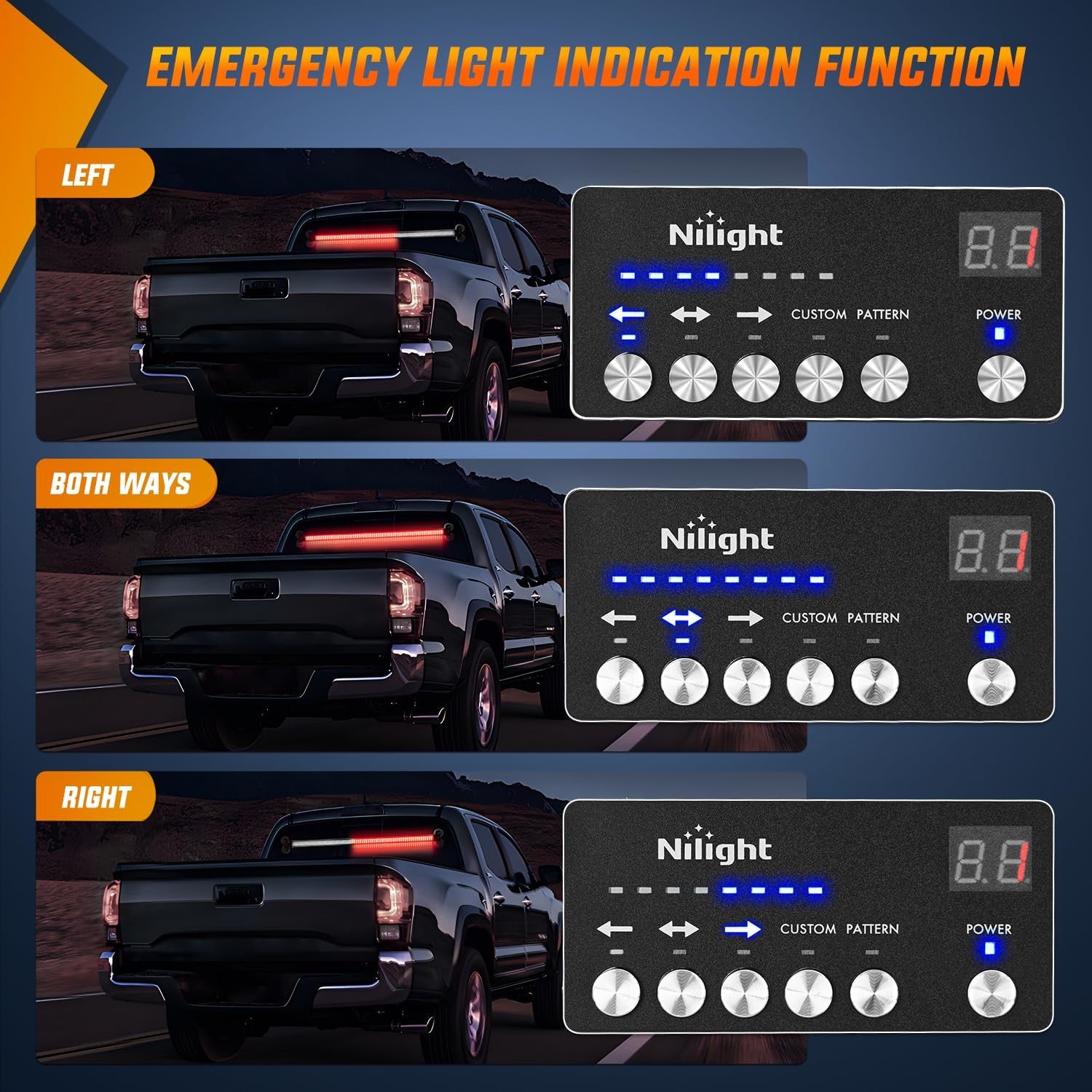 Nilight 144LED traffic advisor strobe light bar with controller showing red emergency warning lights on vehicle rooftop.